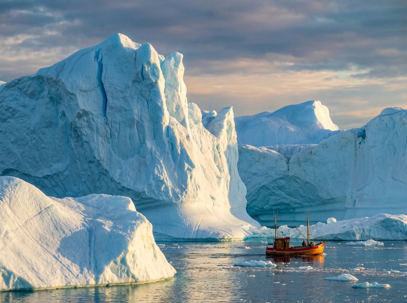 A majestic landscape of massive icebergs floating in Disko Bay, Ilulissat, Greenland, with a small traditional fishing boat navigating nearby, high resolution, cinematic lighting, realistic photography, aspect ratio 4:3, no text