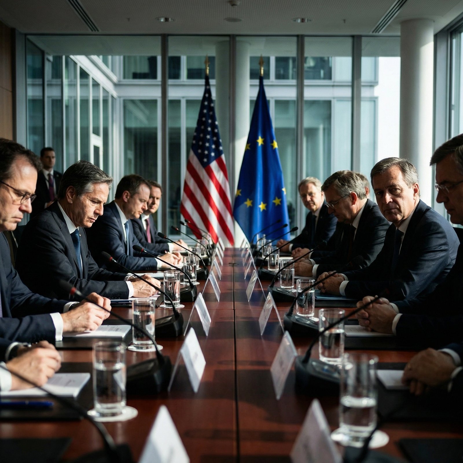 A tense diplomatic setting with professional delegates seated around a large mahogany table, U.S. and European Union flags in the background, high contrast, modern office environment, realistic style, aspect ratio 1:1, no text