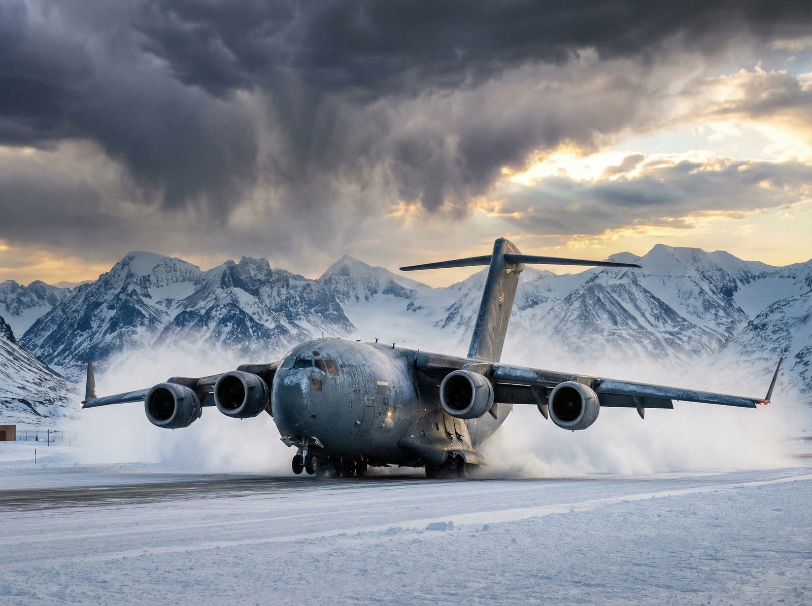 A large military transport aircraft landing on a snowy runway in a remote arctic location, mountains in the distance, dramatic sky, cinematic composition, detailed texture, aspect ratio 4:3, no text