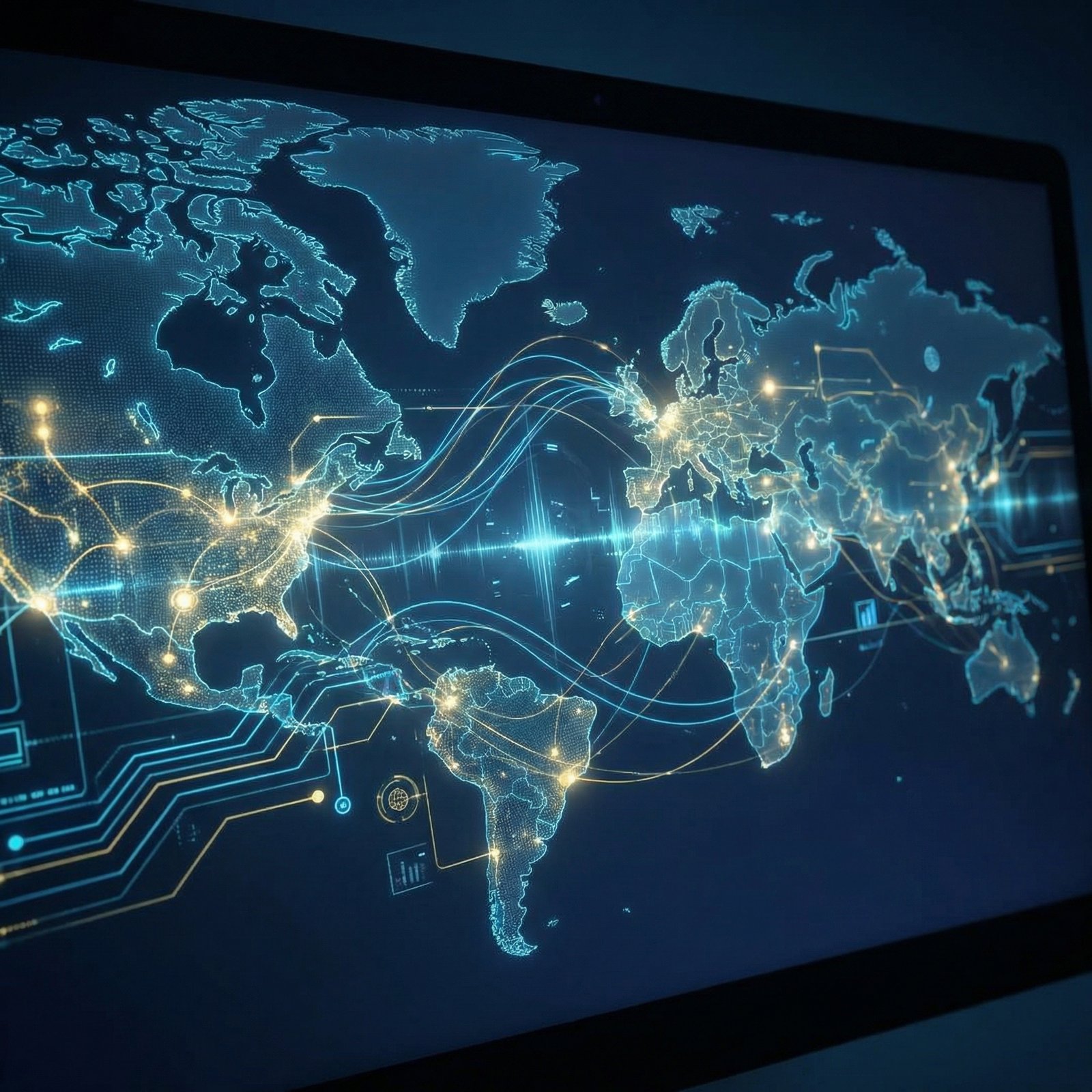 A conceptual digital world map showing Europe and North America connected by glowing lines, symbolizing economic ties and sanctions, high tech interface style, deep blue and gold tones, aspect ratio 1:1, no text