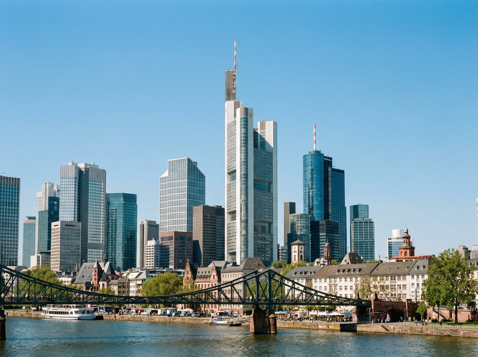 A realistic wide shot of the Frankfurt financial district, focusing on modern banking architecture under a clear blue sky. The lighting is bright and balanced, conveying a sense of stability and economic strength. Professional photography style, 4:3 aspect ratio, no text.