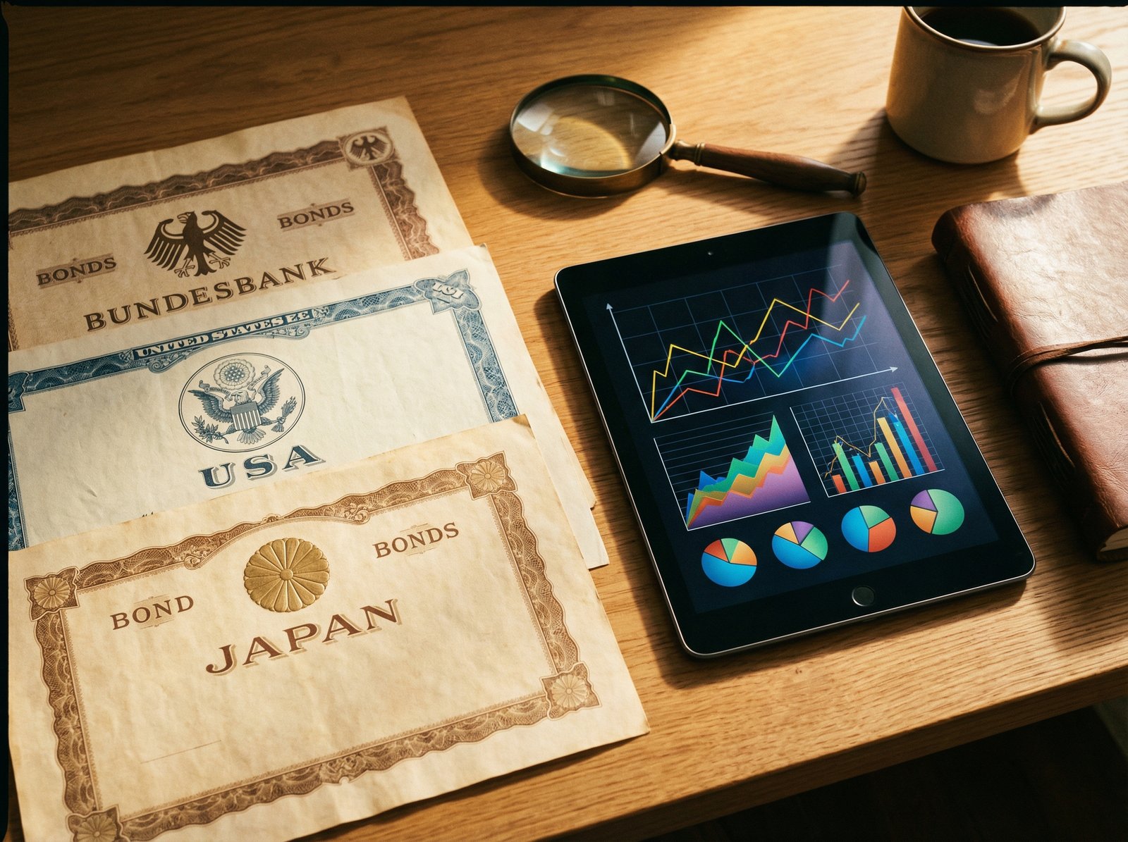 An artistic representation of a diversified investment portfolio. Several high-quality bond documents with national seals of Germany, USA, and Japan are arranged neatly on a wooden desk next to a digital tablet displaying financial charts. Warm natural lighting, 4:3 aspect ratio, no text.