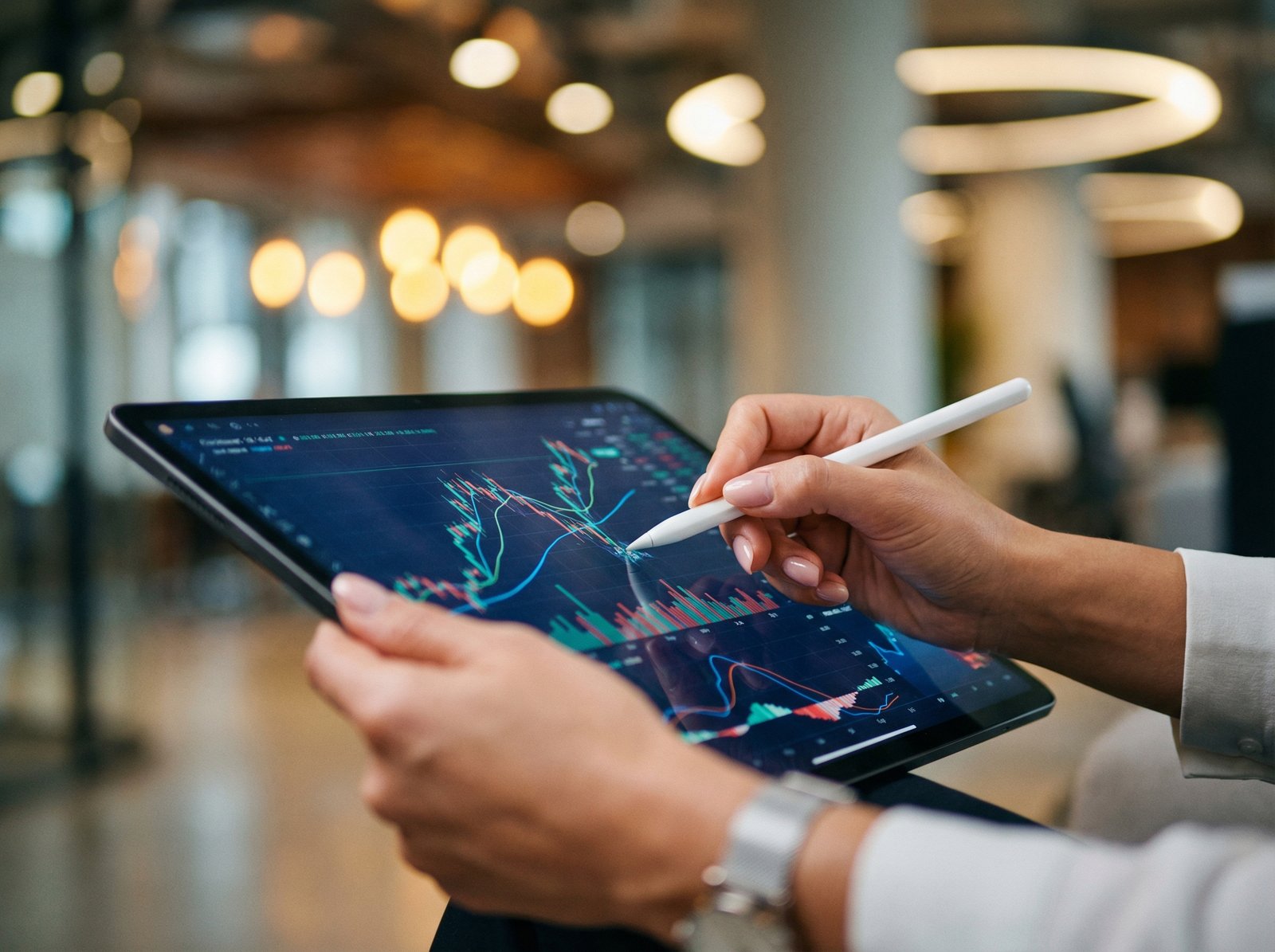 A detailed composition of a professional's hands using a stylus on a high-resolution financial tablet. The screen shows complex but clean line graphs indicating market trends. The background is a blurred modern office with soft bokeh, 4:3 aspect ratio, no text.