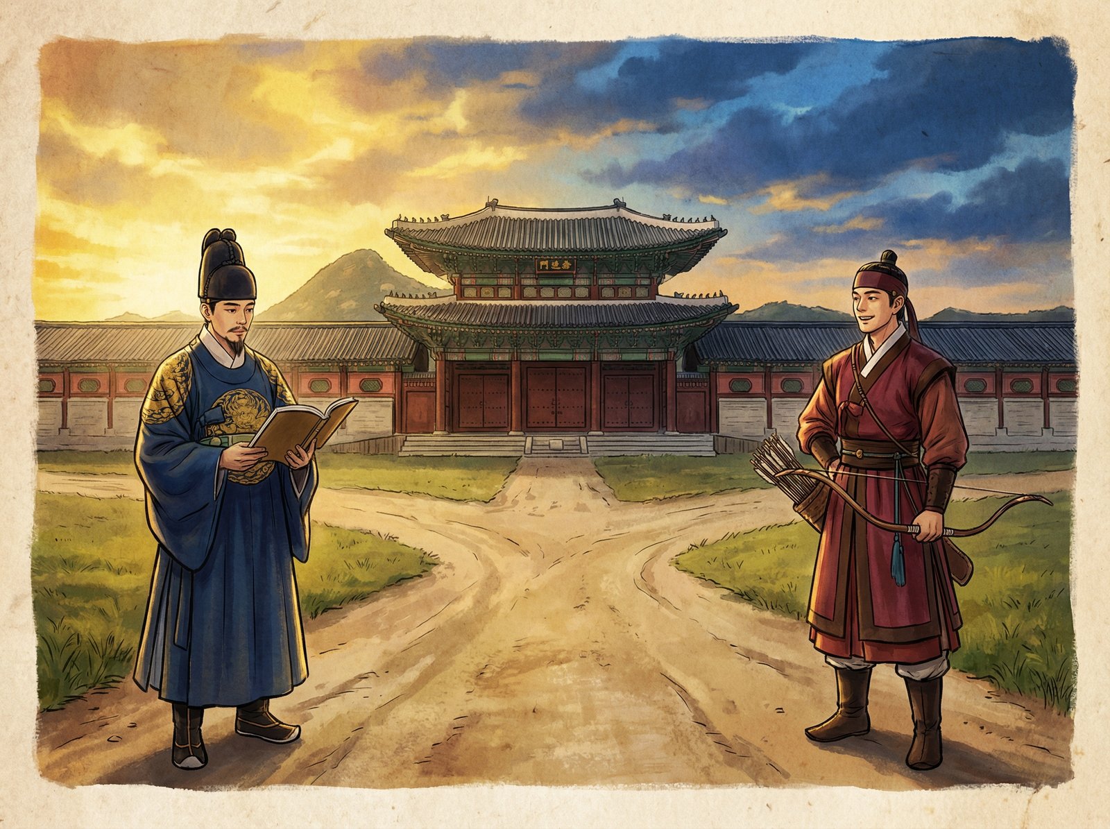 An artistic historical illustration of two princes standing at a crossroad in front of a grand Joseon Dynasty palace. One prince is holding a book and looks scholarly, the other is holding a bow and looks free-spirited. The atmosphere is dramatic with golden and deep blue tones, artistic rendering style, 4:3 aspect ratio, no text.