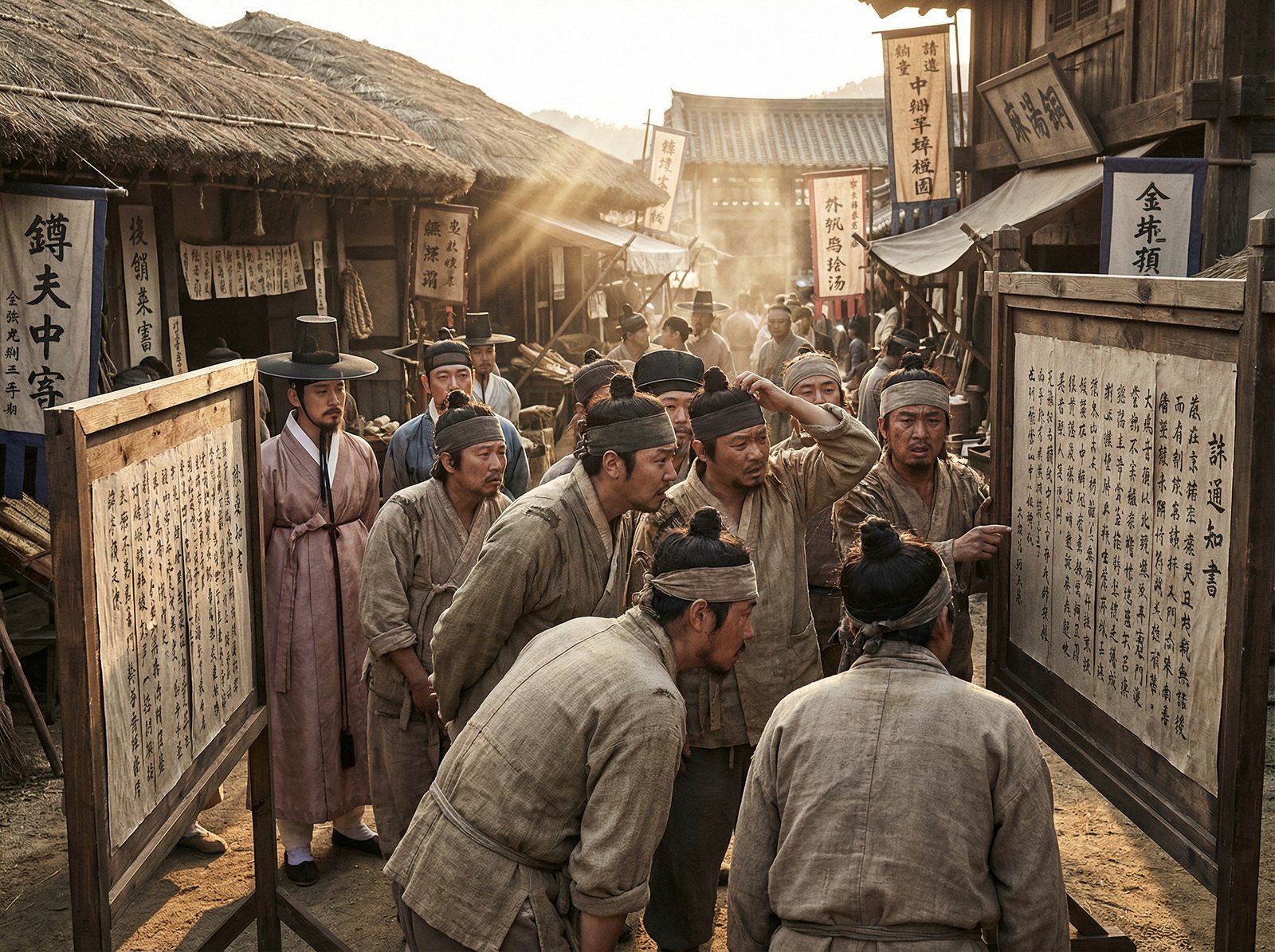 A realistic scene of a Joseon dynasty marketplace where all the signs and notices are written in complex Chinese characters. Commoners look confused while trying to read a public notice. High contrast, cinematic lighting, historical setting, 4:3 aspect ratio, no text.