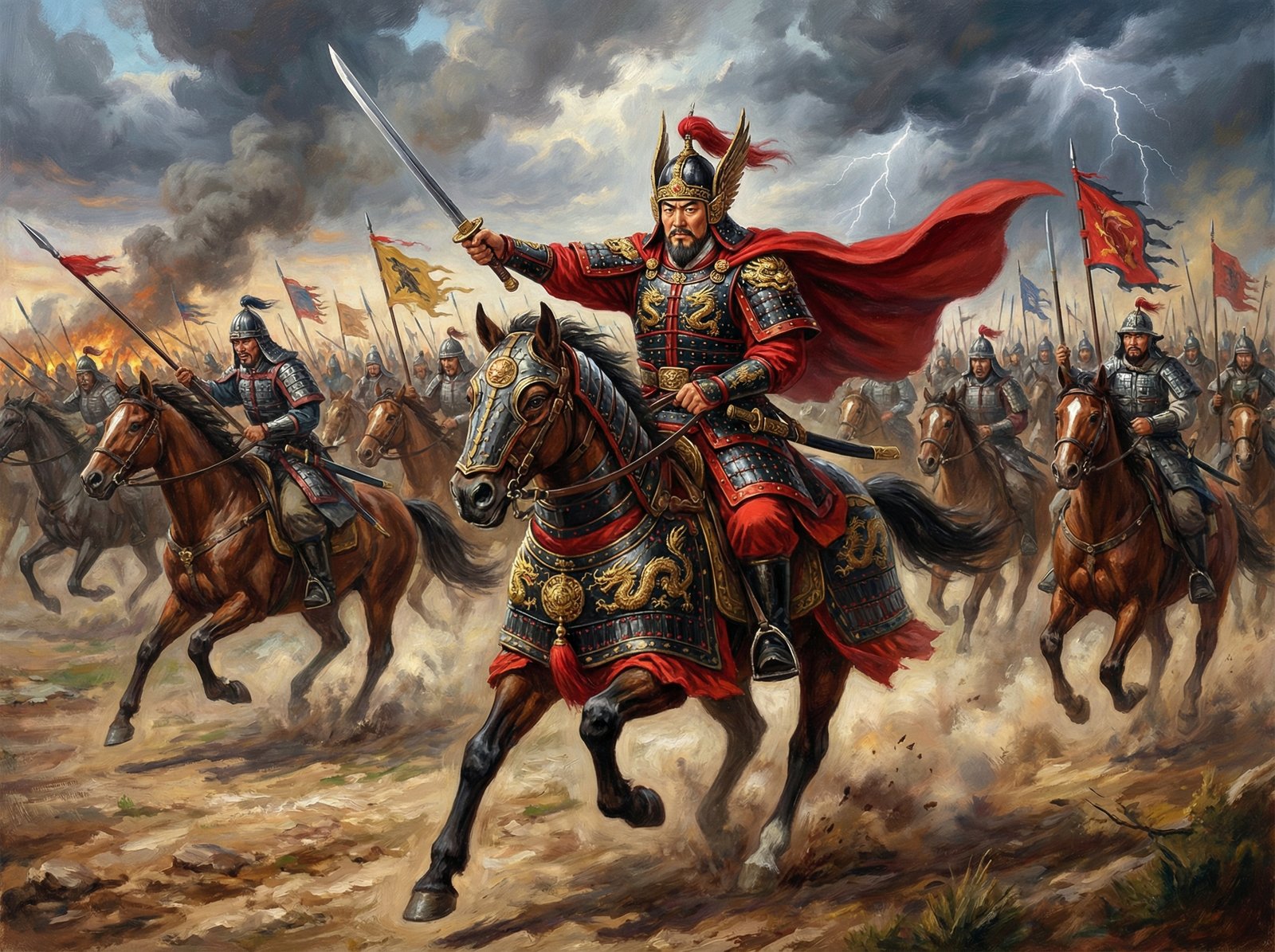 A powerful illustration of a Joseon King leading a large cavalry into battle. He is wearing elaborate armor and holding a sword. The background is a dusty battlefield under a stormy sky. Dramatic composition, textured oil painting style, 4:3 aspect ratio, no text.