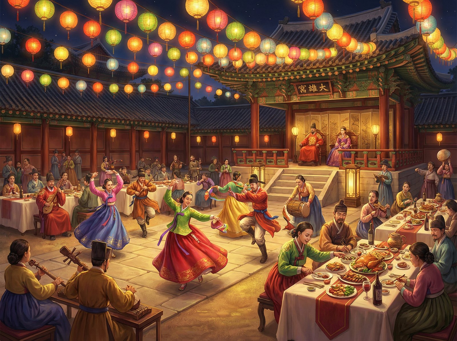A detailed digital painting of a lavish banquet in a Joseon palace courtyard at night. Many dancers and musicians are performing under colorful lanterns. The atmosphere is decadent and energetic. Warm lighting, rich colors, 4:3 aspect ratio, no text.