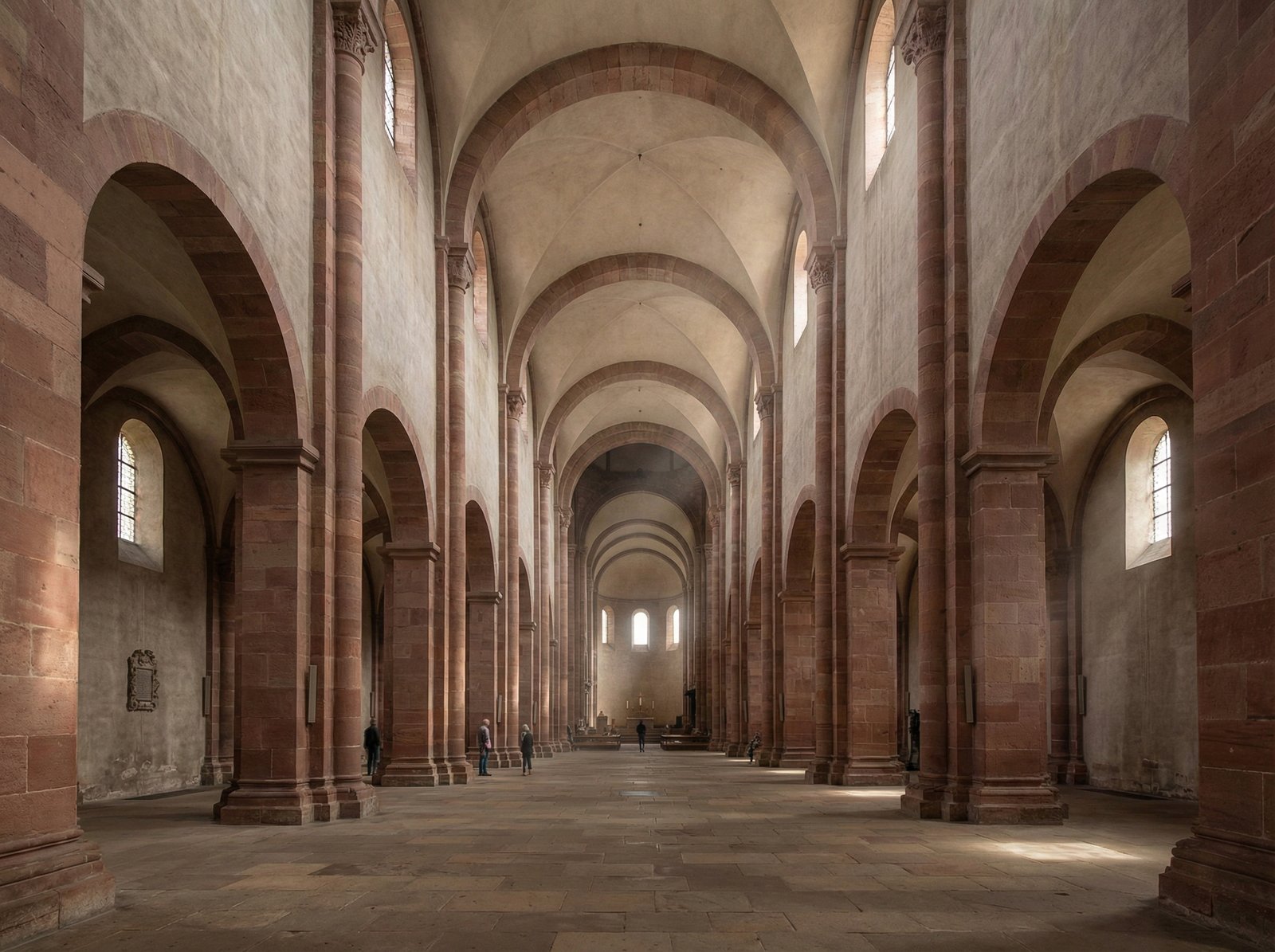 The interior of Speyer Cathedral showing long vaulted Romanesque aisles, high stone ceilings, red sandstone pillars, soft natural light streaming through small windows, historical atmosphere, realistic architectural photography, 4:3