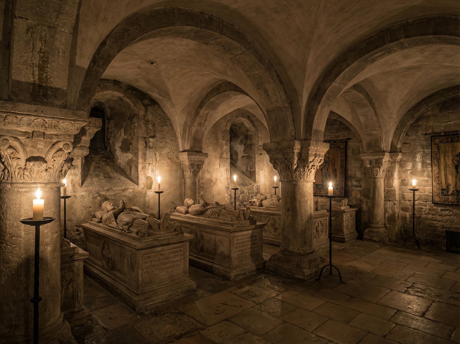A quiet and solemn crypt inside the cathedral, Romanesque stone arches and pillars, tombs of historical emperors, dim warm candle lighting, ancient and mysterious atmosphere, textured stone walls, 4:3