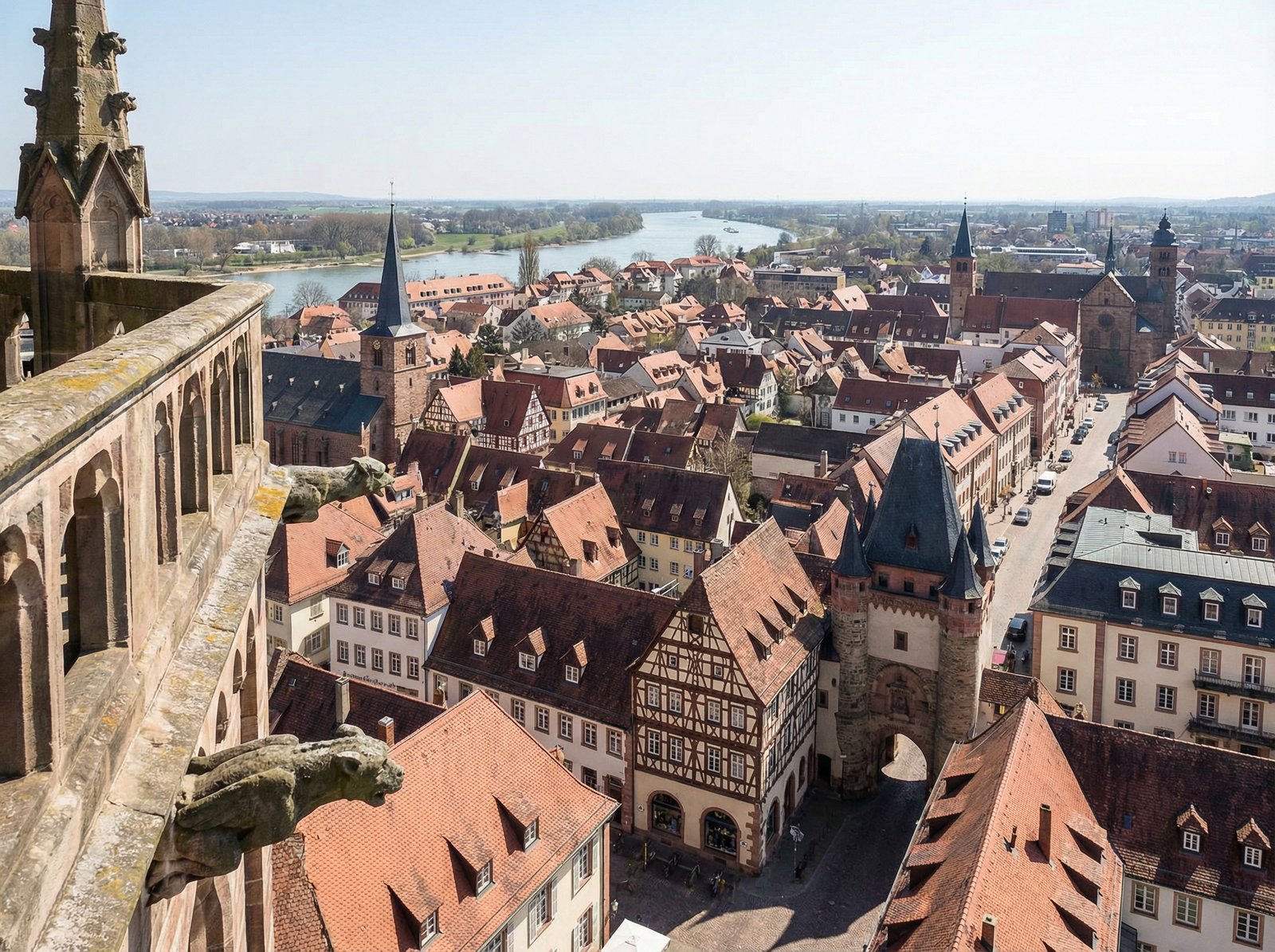 A panoramic view from the top of the cathedral tower looking over the historic city of Speyer, Rhine river in the distance, old European rooftops, bright daylight, high angle shot, detailed landscape, 4:3