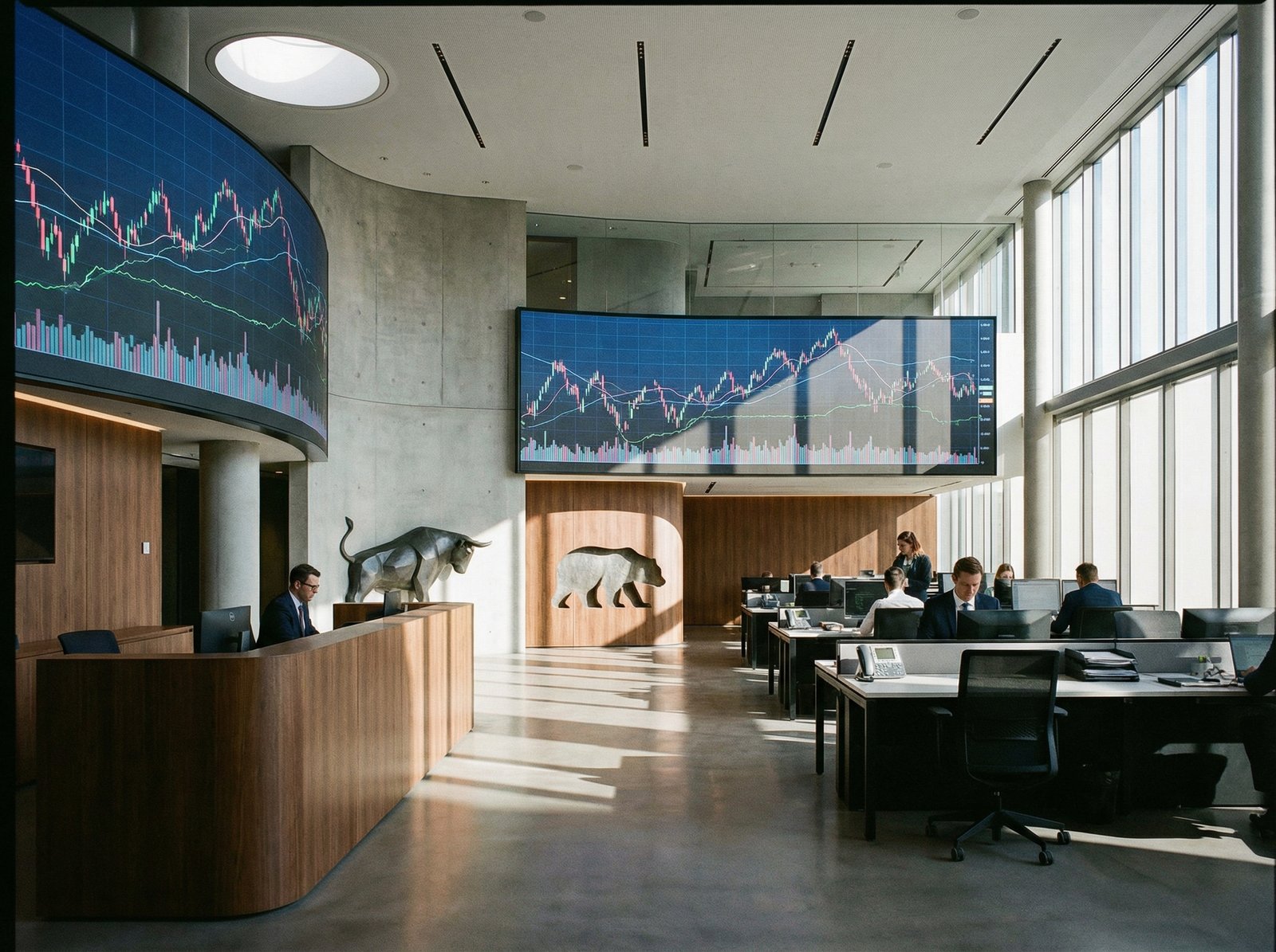 A professional and modern financial office setting with high-end digital screens displaying stock market trends, bull and bear symbols subtly integrated into the background, bright and balanced lighting, sophisticated atmosphere, 4:3 aspect ratio, no text.