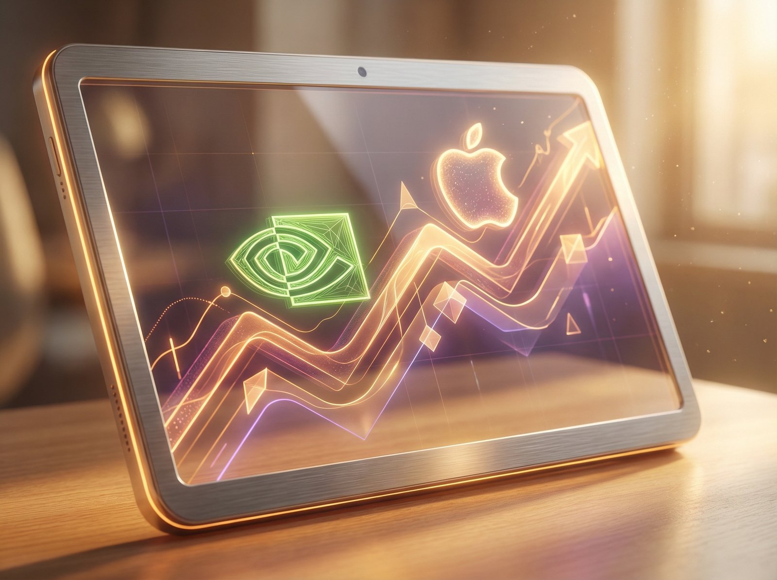 Realistic close-up of a high-tech tablet showing a rising stock chart with Nvidia and Apple logos represented abstractly, warm natural lighting, high-quality digital illustration, 4:3 aspect ratio, no text.