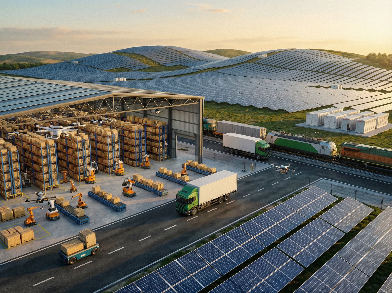 A detailed composition showing a high-tech warehouse and a clean energy solar farm in the background, representing logistics and energy sectors, 4:3 aspect ratio, rich colors, realistic style, no text.