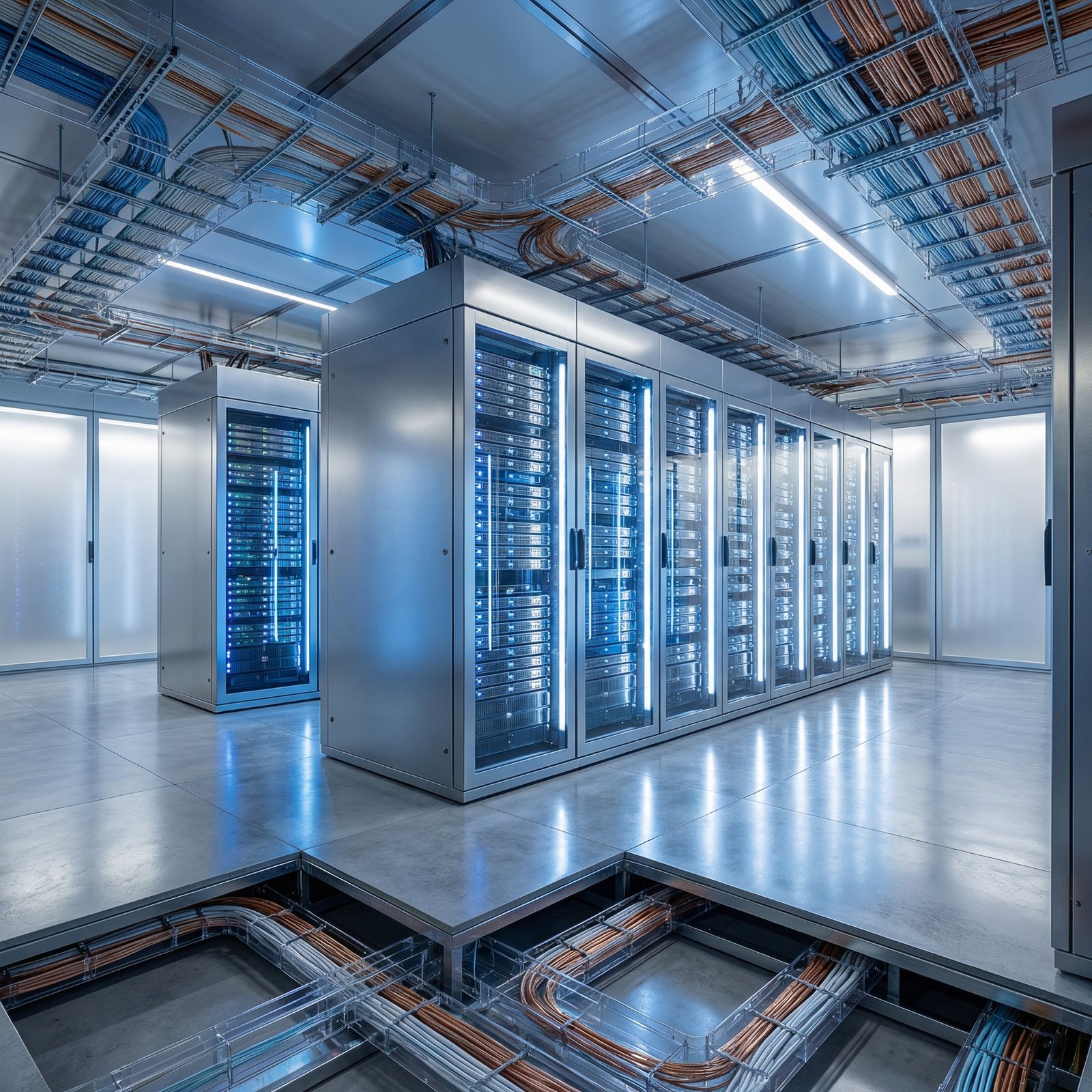 Inside a high-tech server room with rows of glowing AI server racks. Blue and white lighting, wires neatly organized, symbolizing high-speed computation and energy efficiency. Photorealistic, clean layout, 1:1 aspect ratio, no text.