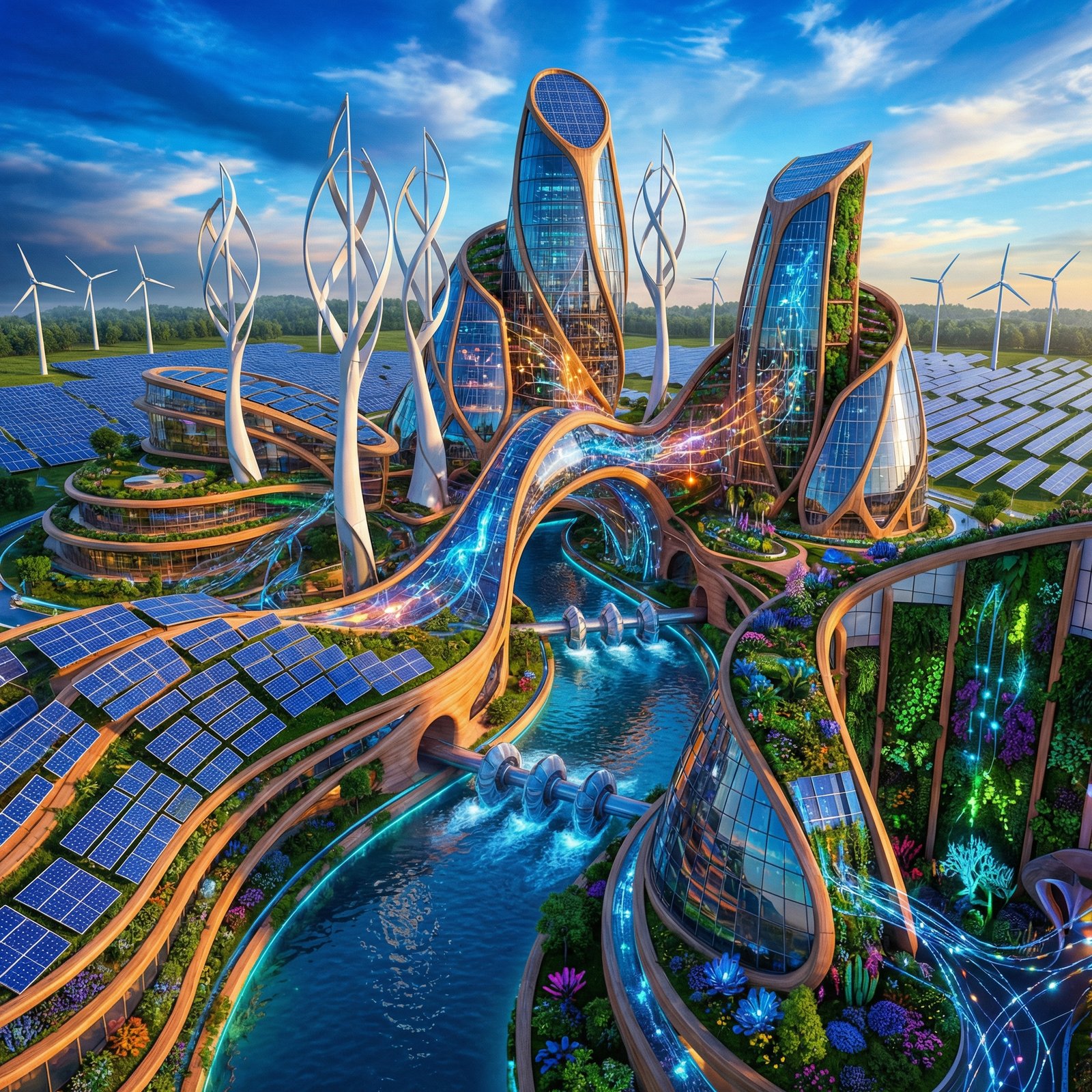 An artistic 3D rendering of a futuristic data center integrated with green energy sources like wind turbines and solar panels. High contrast, vivid colors, architectural visualization style, 1:1 aspect ratio, no text.