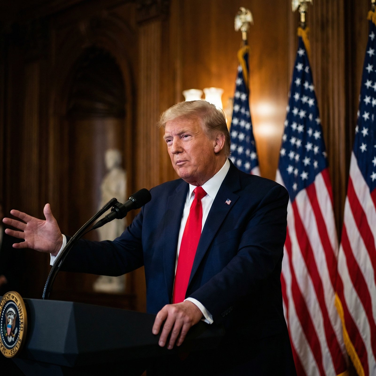 U.S. President Donald Trump speaking at a professional press conference in Washington DC, confident expression, flags in the background, cinematic lighting, high contrast, 1:1, no text