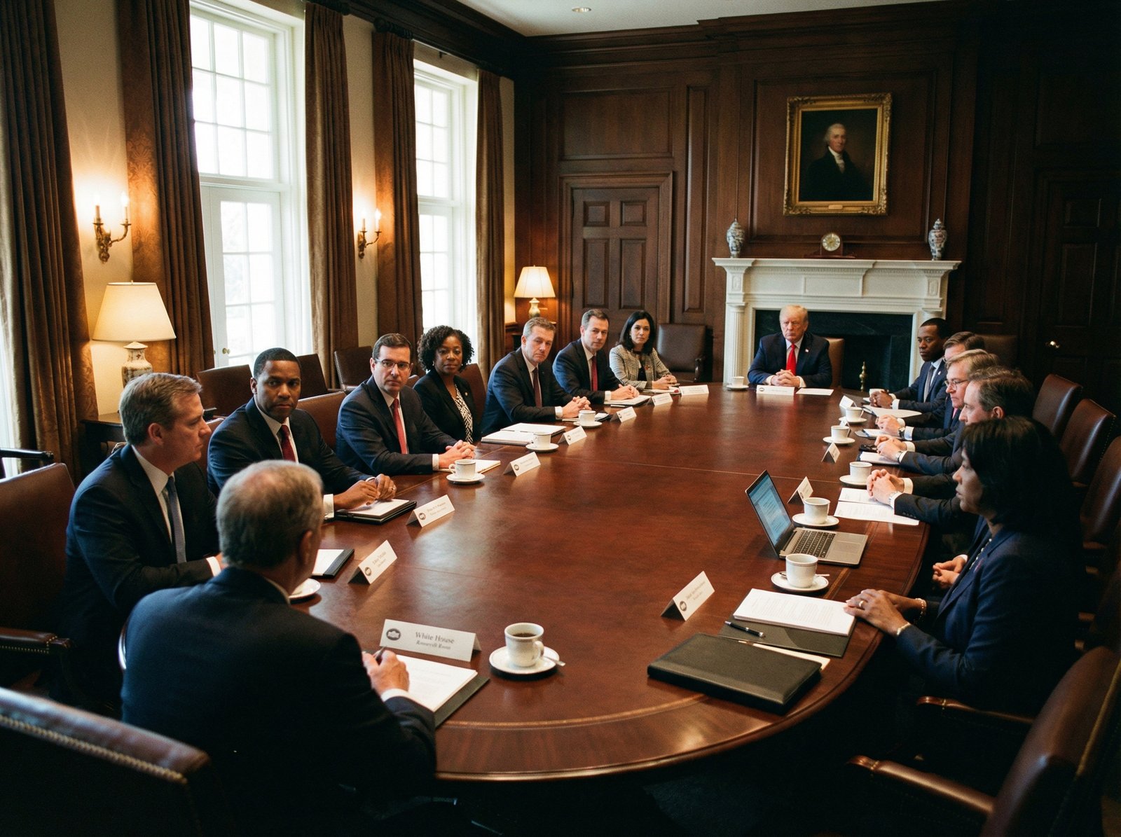 A group of professional business executives in suits sitting around a large wooden table in a formal White House meeting room, focused atmosphere, realistic lighting, 4:3, no text