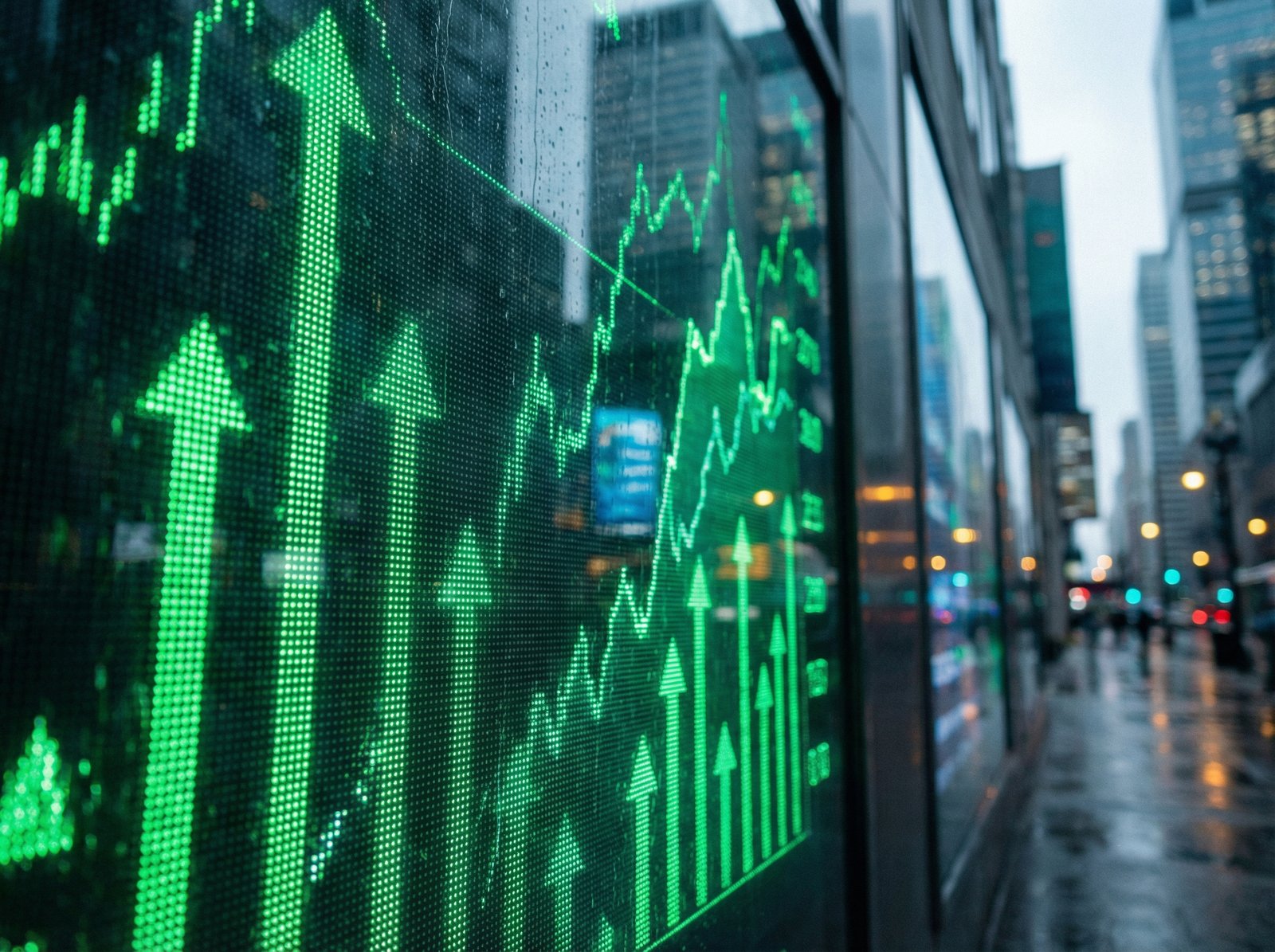 A close-up shot of a digital stock market display showing green upward arrows and rising graphs, blurred financial district background, professional atmosphere, 4:3 aspect ratio, no text.