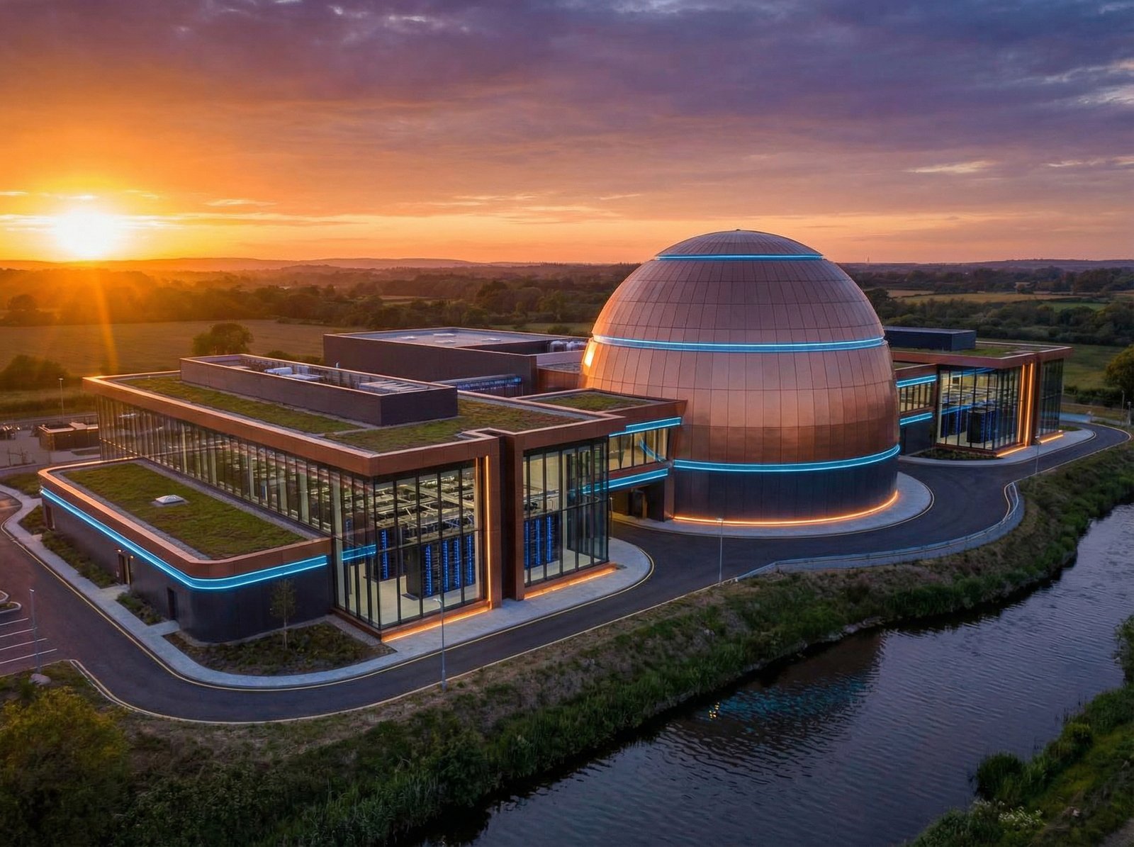 A futuristic data center integrated with a modern small modular nuclear reactor facility, high-tech aesthetics, clean lines, sunset lighting, realistic architectural photography style, 4:3 aspect ratio, no text