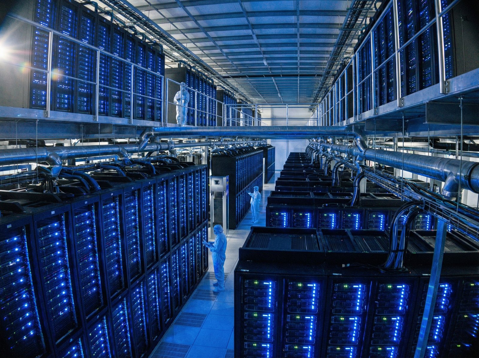 Interior of a massive AI supercluster server room, glowing blue lights on server racks, hyper-realistic, cinematic lighting, wide angle, 4:3 aspect ratio, no text