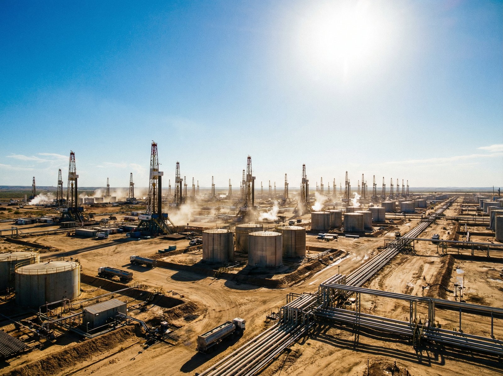 A vast industrial oil field landscape in Venezuela with modern drilling rigs and storage tanks under a bright sunny sky, high contrast, realistic photography style, 4:3
