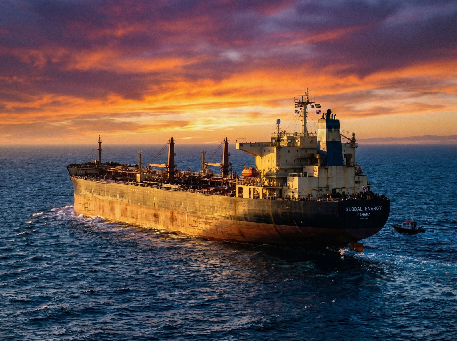 A massive crude oil tanker sailing through deep blue ocean waters at sunset, symbolizing global energy trade, 4:3