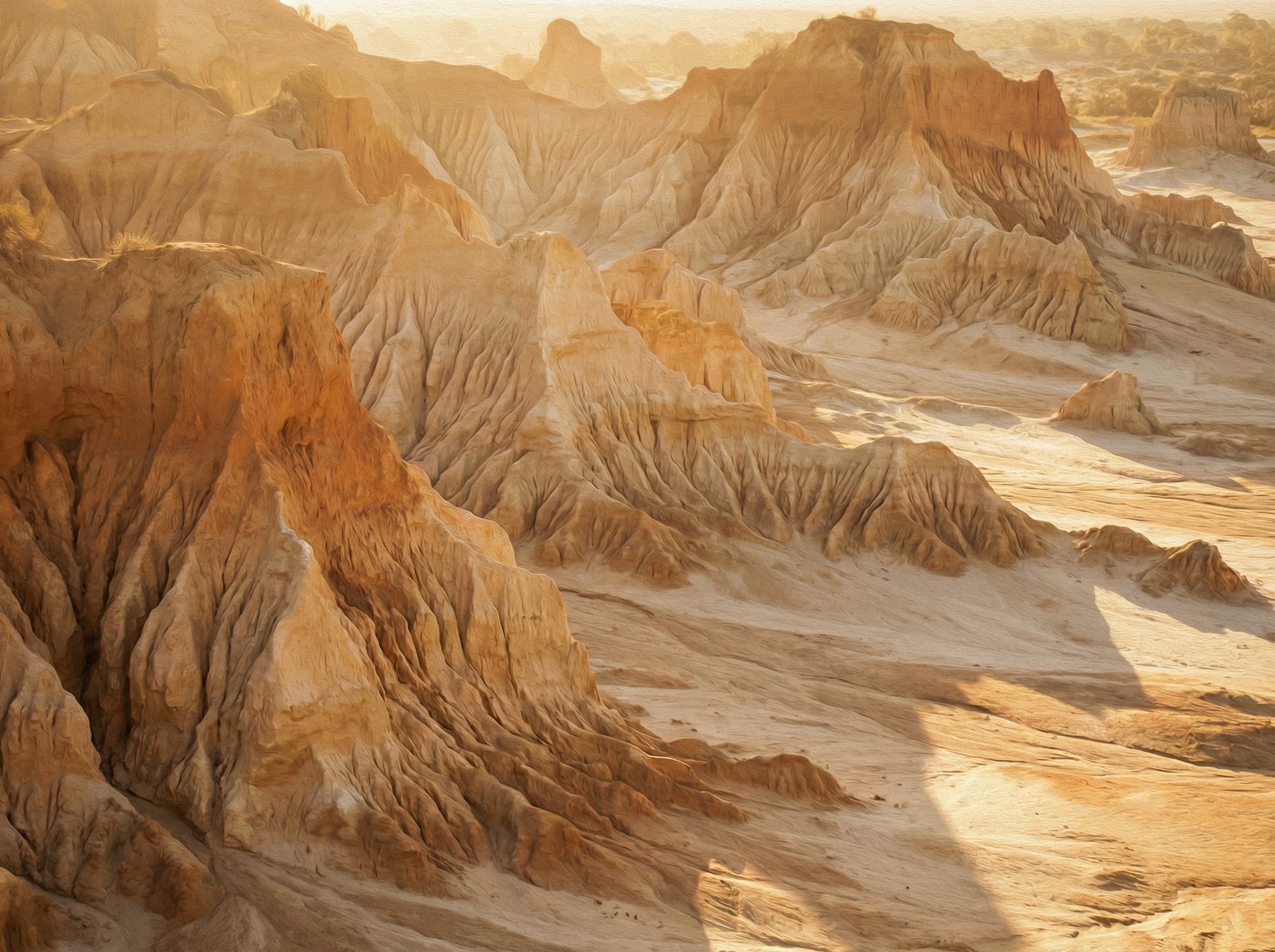 The Walls of China at Mungo National Park, dramatic white and orange sand dune formations with unique erosion patterns, warm golden hour sunlight, artistic rendering, 4:3, no text