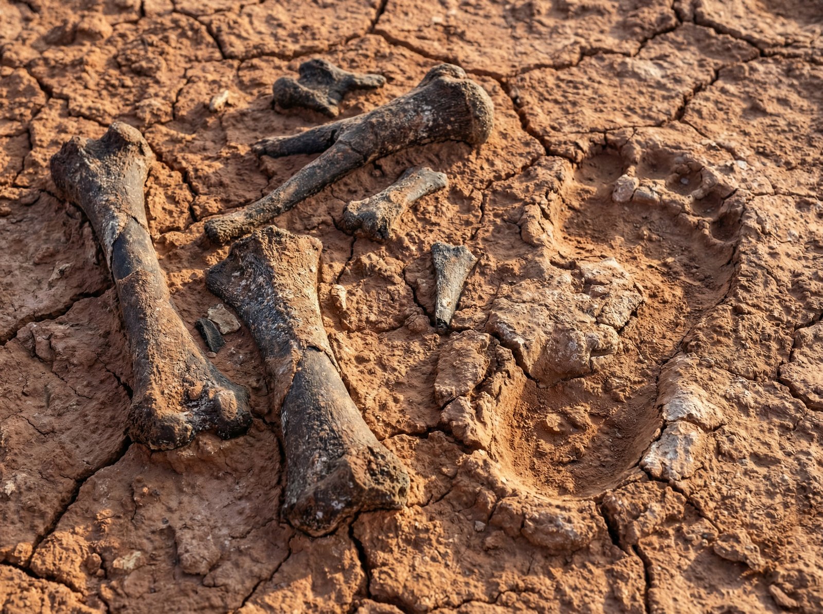 Close up of ancient fossilized bone fragments and human footprints embedded in dry cracked clay ground, warm earthy desert tones, high detail texture, 4:3, no text