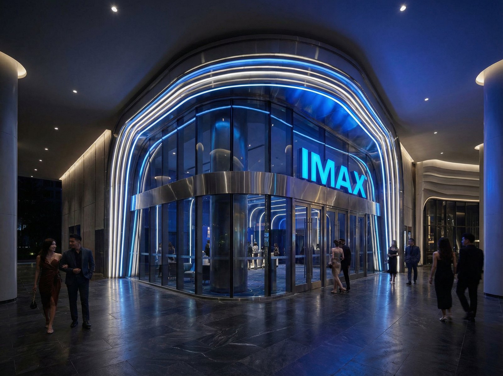 A modern cinema entrance with a glowing IMAX logo, sleek architectural design, blue and silver lighting, high-end atmosphere, cinematic feel, 4:3, no text.