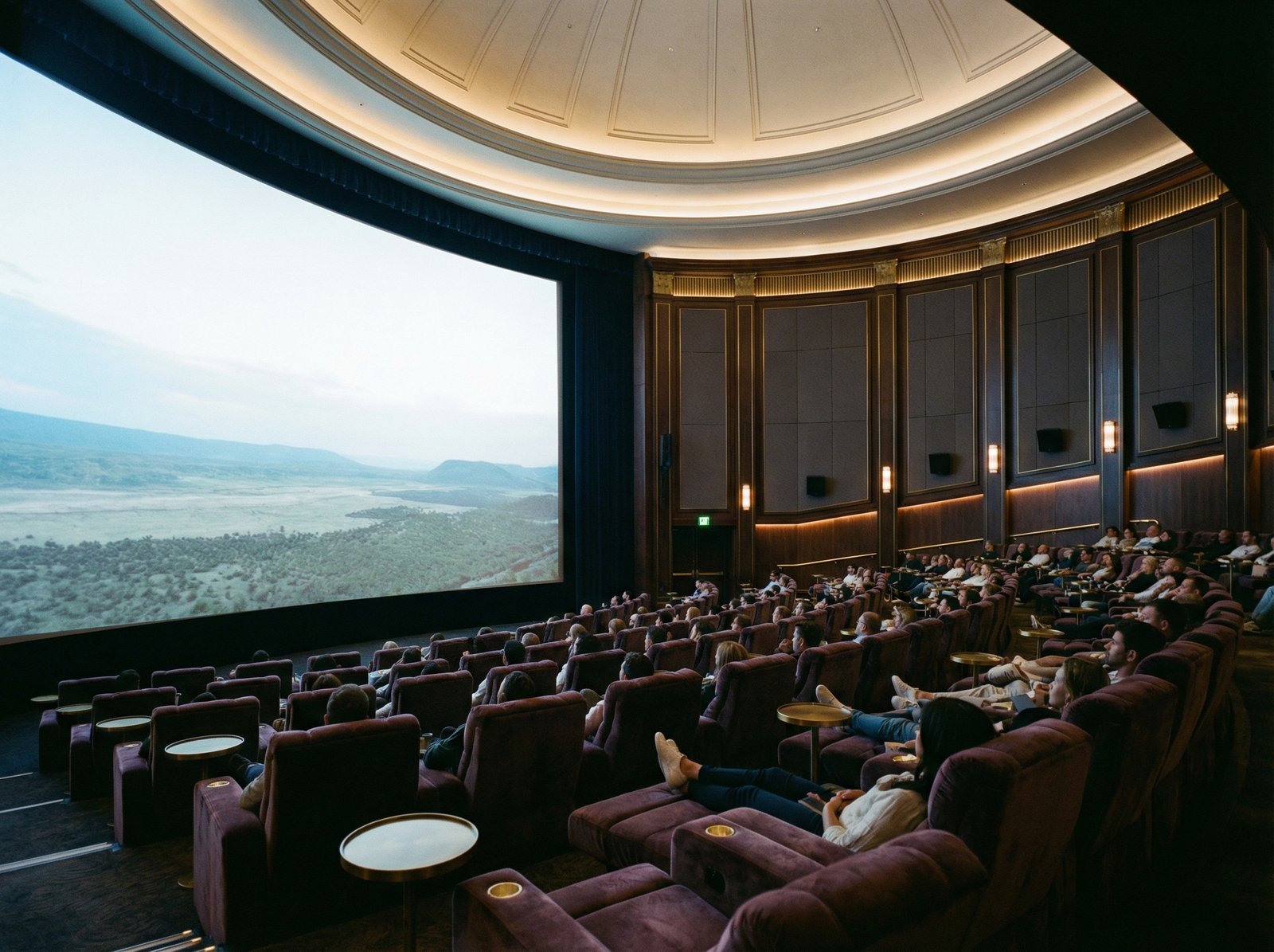 People sitting in a large premium theater looking at a massive curved movie screen, immersive atmosphere, realistic lighting, luxury seating, cinematic scale, 4:3, no text.
