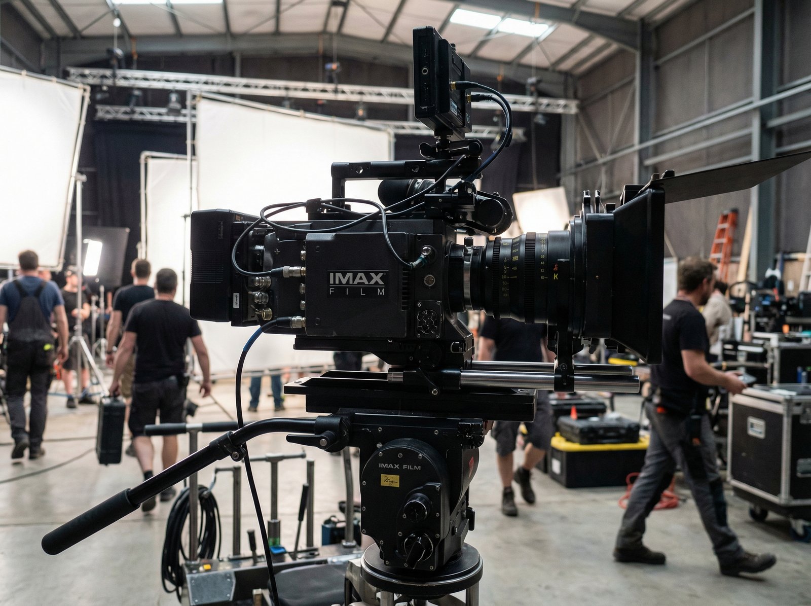 Professional IMAX film camera on a movie set, high-tech cinematic equipment, industrial design, realistic textures, filmmaking background, 4:3, no text.