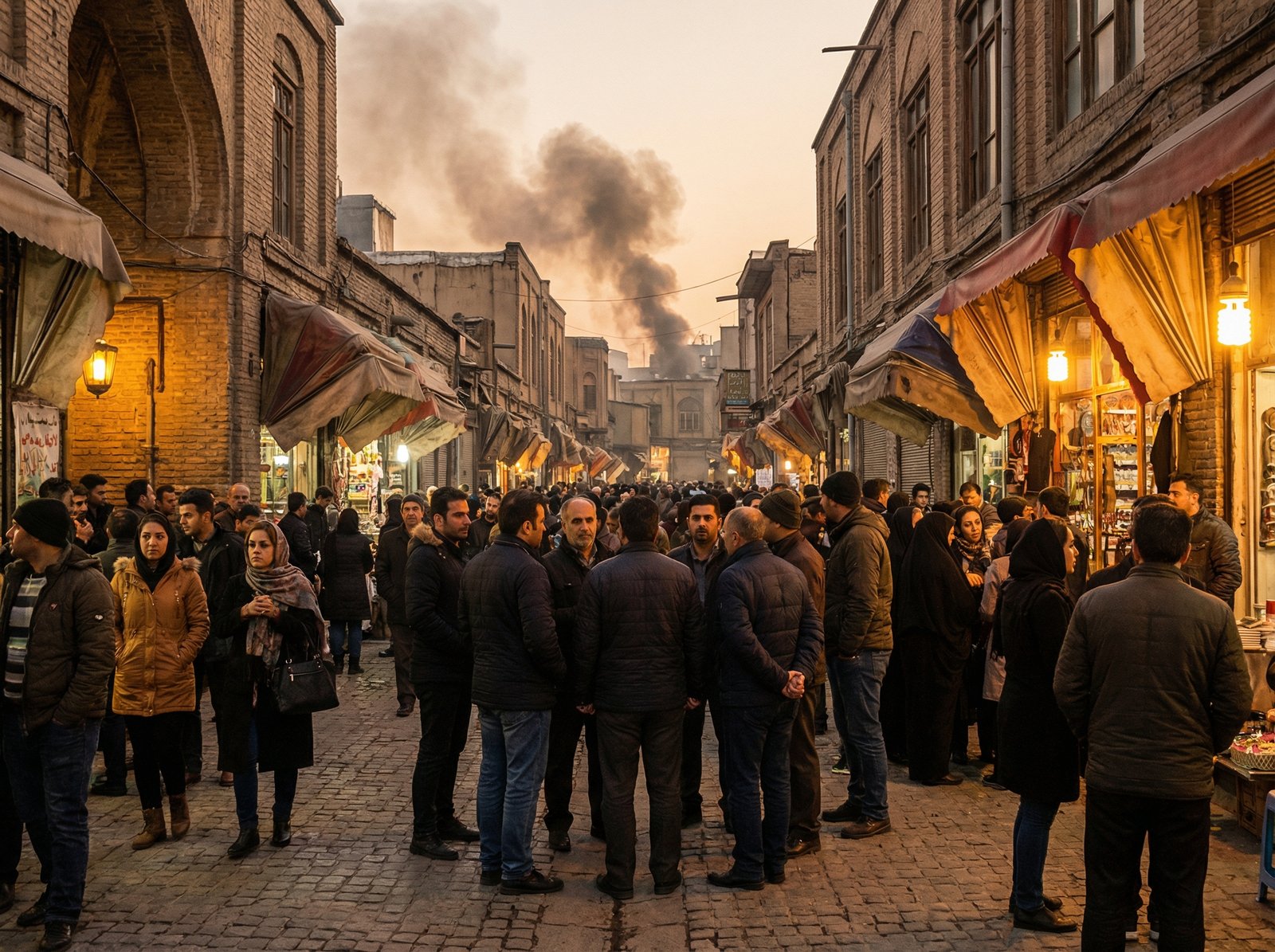 A realistic street scene in Tehran, Iran, showing a crowded bazaar area with smoke in the distance and people gathered in groups, atmospheric lighting, 4:3 aspect ratio, no text