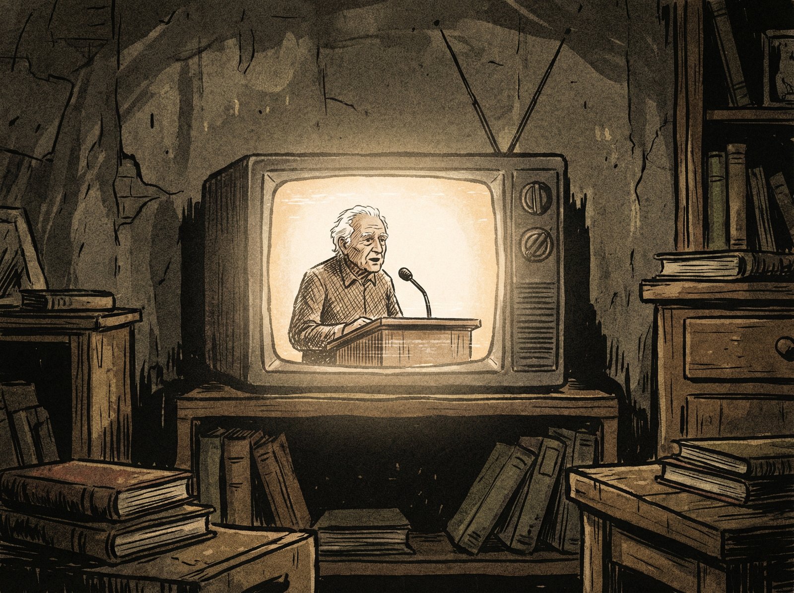 An illustration of an elderly leader speaking on a television screen in a dark room, textured background, artistic rendering, 4:3 aspect ratio, no text