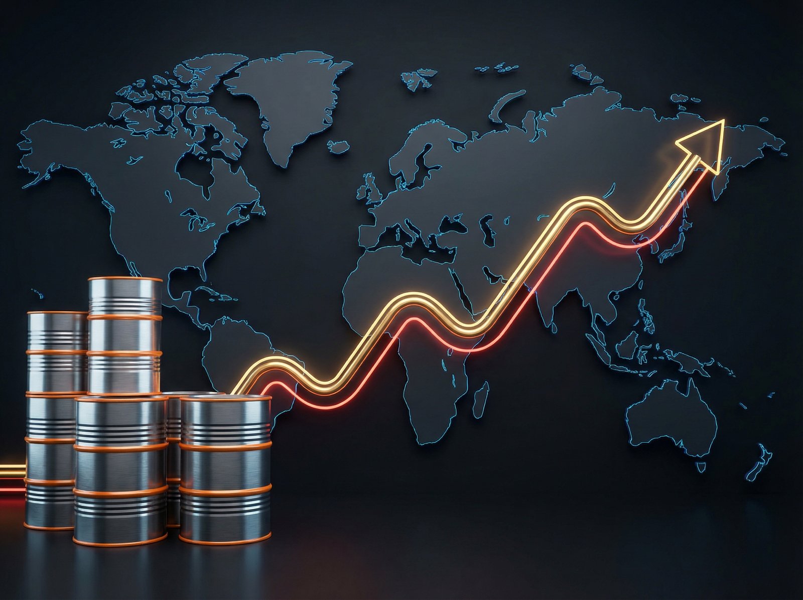 A modern infographic showing oil barrels and a rising graph line against a dark world map, high contrast, professional layout, 4:3 aspect ratio, no text
