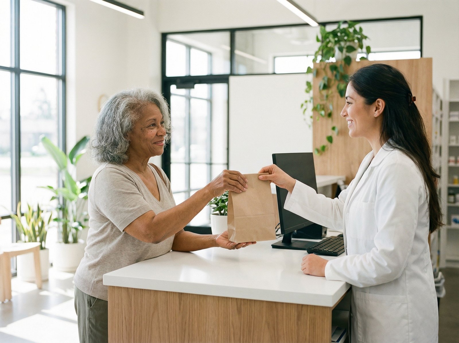A senior person at a modern pharmacy counter receiving a prescription from a pharmacist, clean and bright environment, high quality photography, natural skin tones, 4:3 aspect ratio, no text