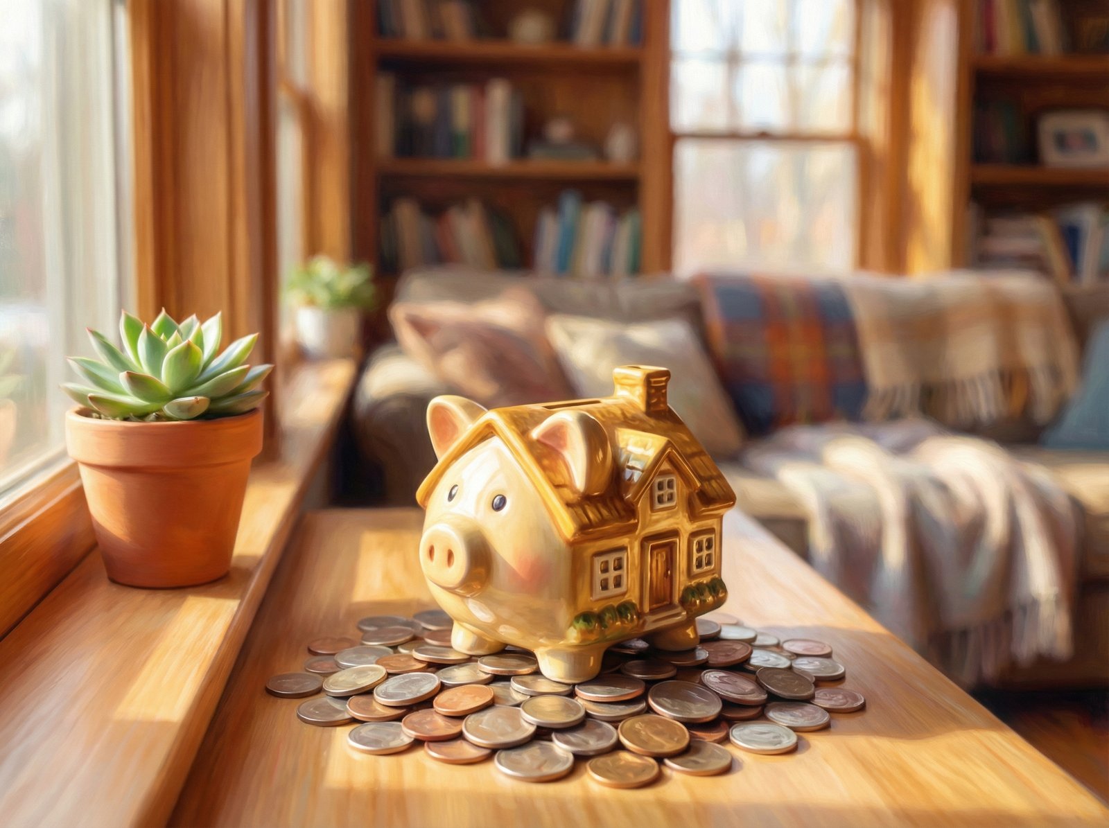 A piggy bank shaped like a gold house sitting on a stack of coins next to a small green plant, soft morning light hitting the objects, blurred background of a cozy home, artistic rendering, 4:3 aspect ratio, no text
