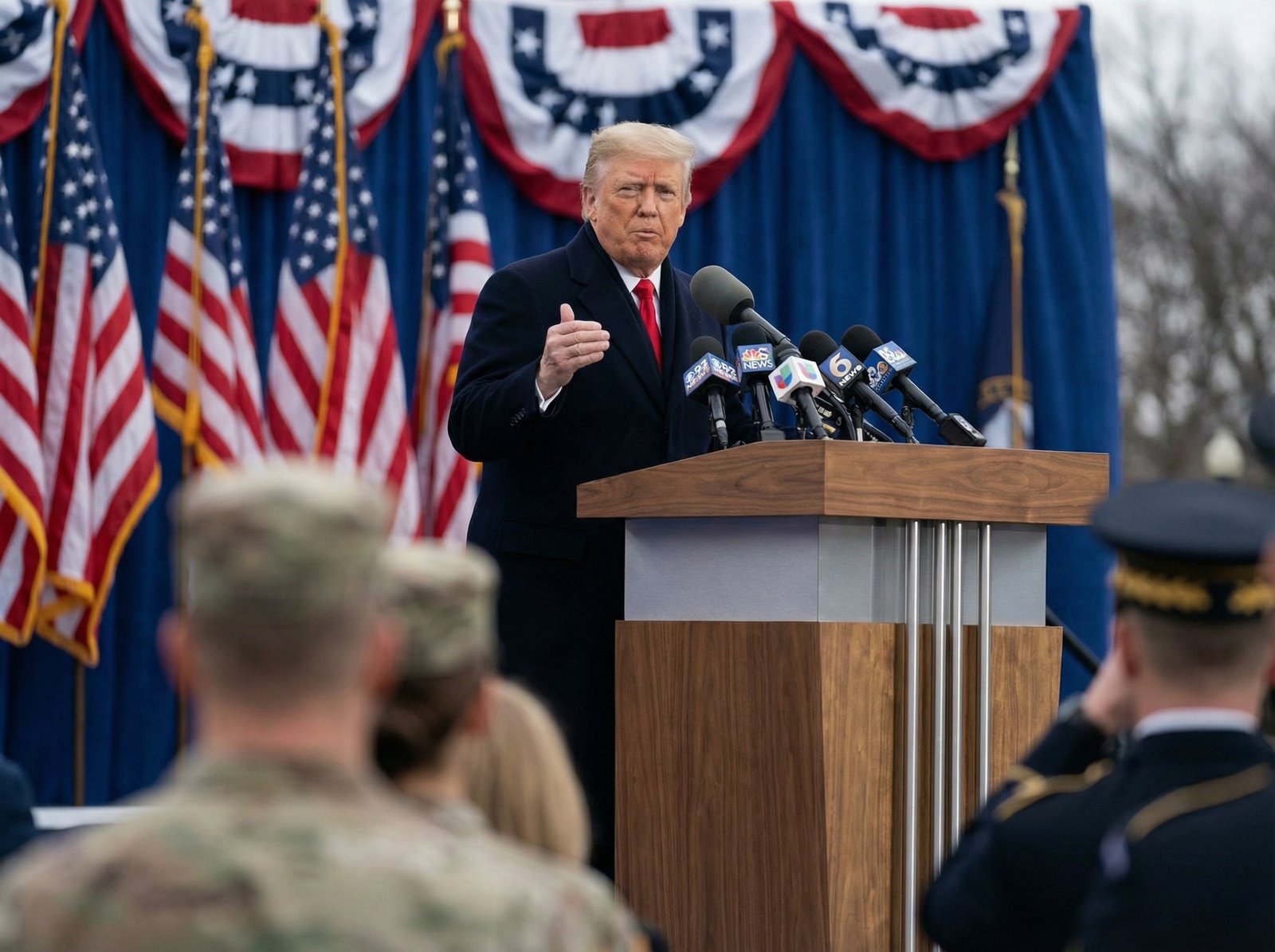 US President giving a speech about border security and military action with a serious expression, modern podium, American flag background, photo style, 4:3 aspect ratio, no text