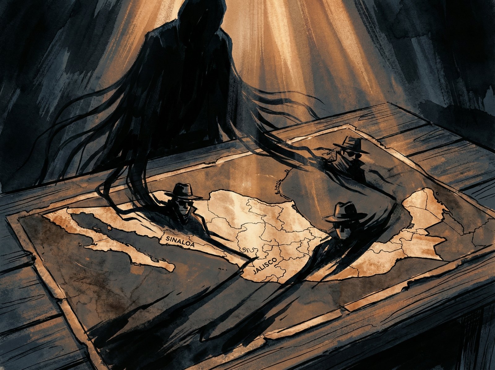 Dark and moody illustration of a shadowy cartel influence over a map of Mexico, dramatic lighting, high contrast, artistic rendering, 4:3 aspect ratio, no text