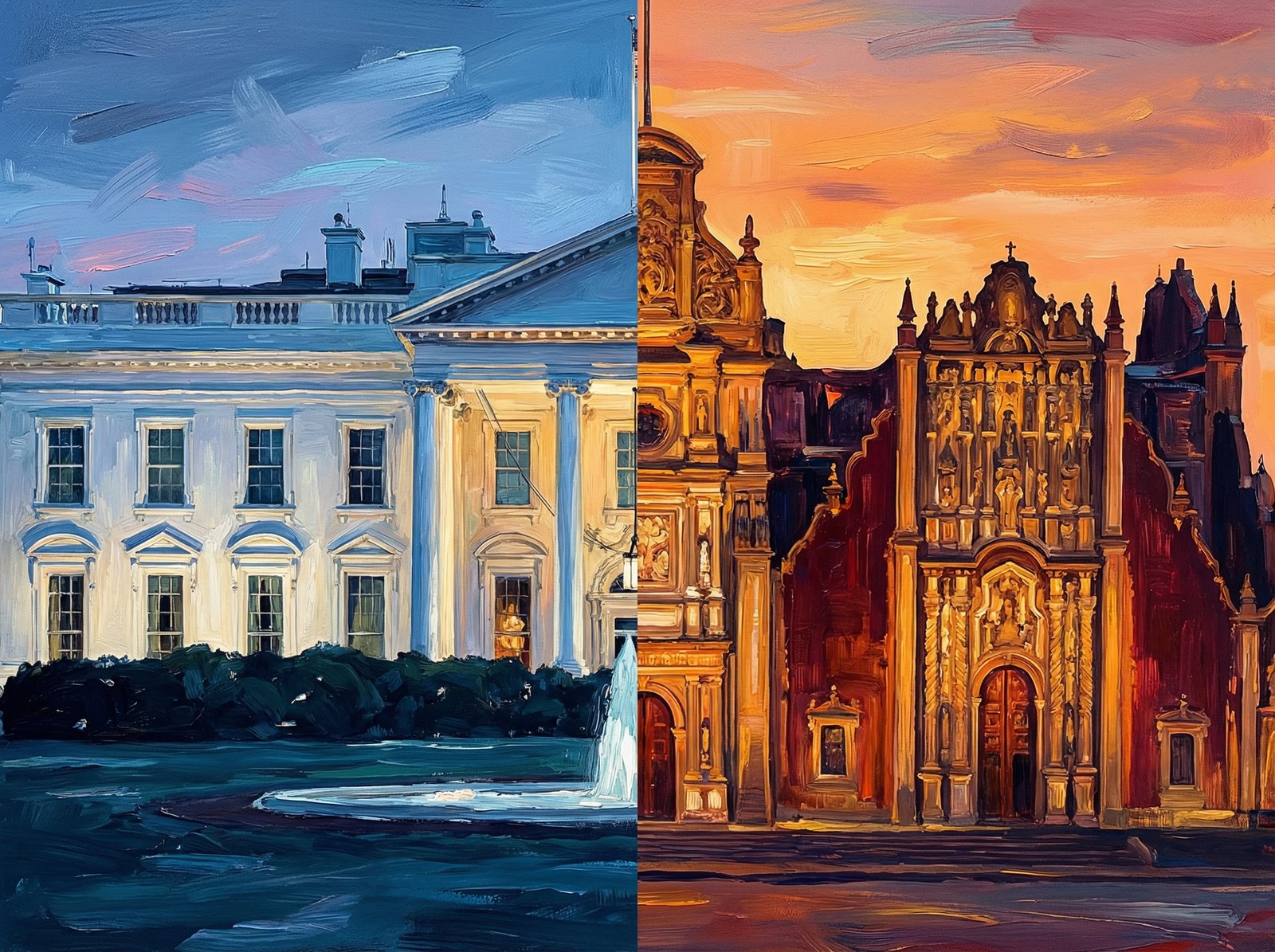 Conceptual split screen of the White House and the Mexican National Palace, stylized artistic rendering, warm and cool color contrast, high detail, 4:3 aspect ratio, no text