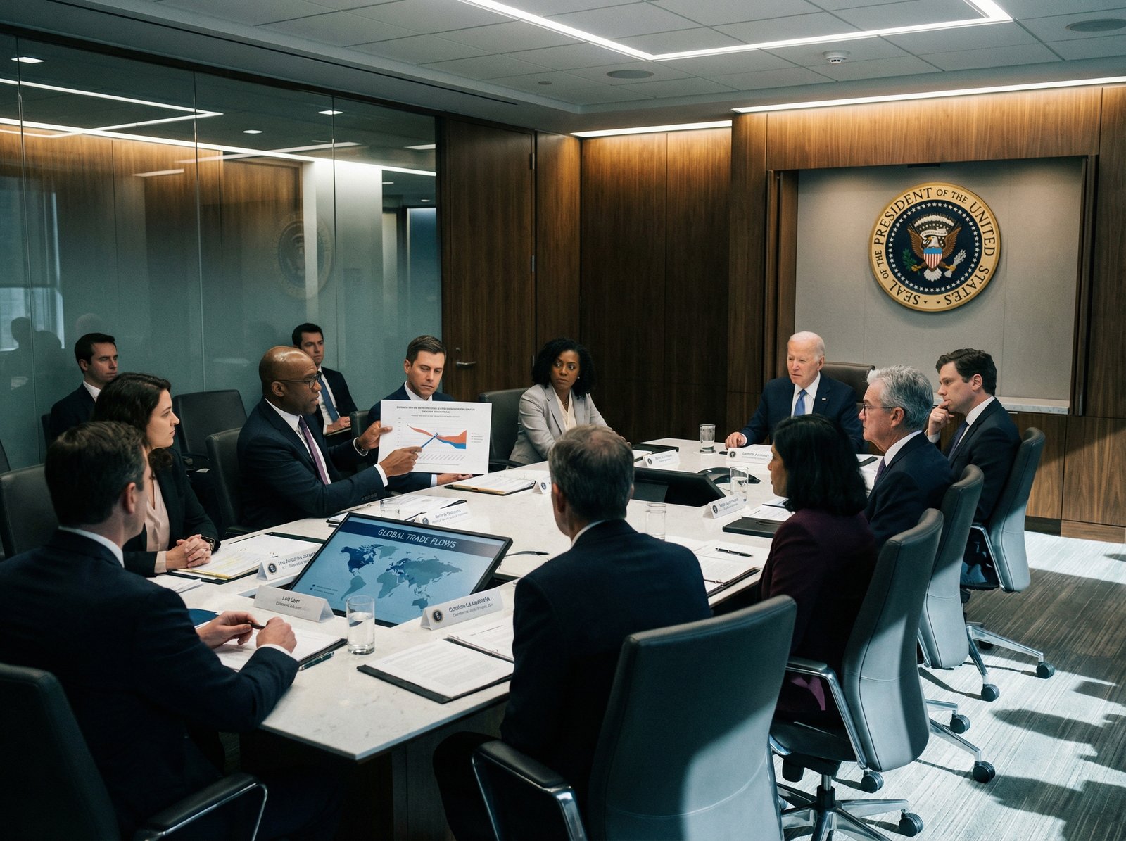 A professional and serious meeting room in the White House with economic advisors discussing trade policy, high contrast, modern layout, cinematic lighting, 4:3