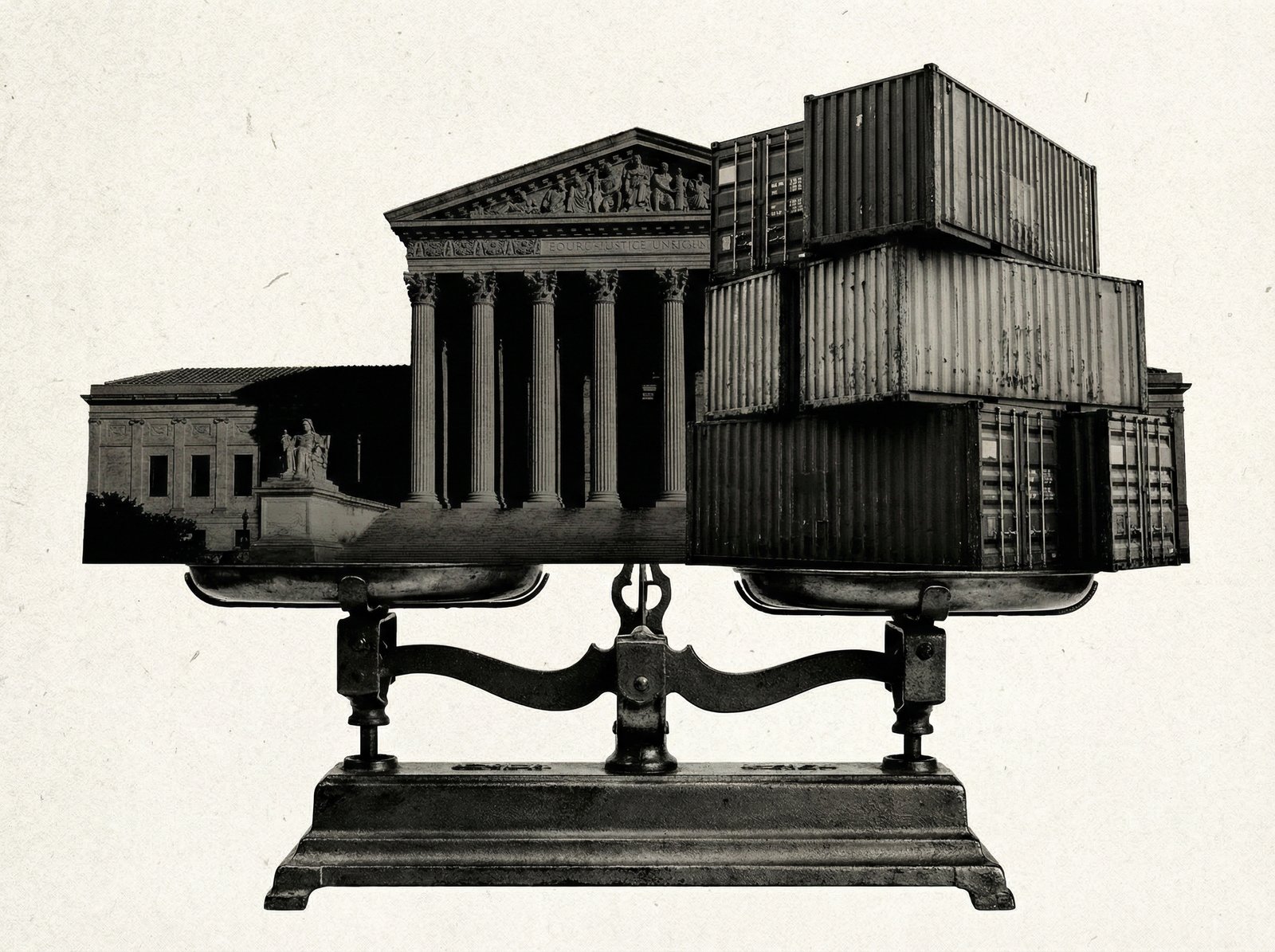 A symbolic representation of the US Supreme Court building and cargo containers with a balance scale, high contrast, artistic rendering, textured background, 4:3