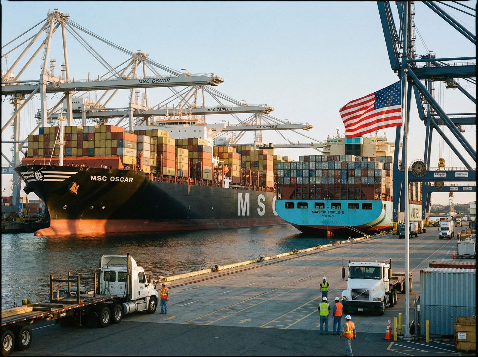 A busy modern container port with huge cargo ships, American flag in the background, lifestyle photography, golden hour lighting, 4:3