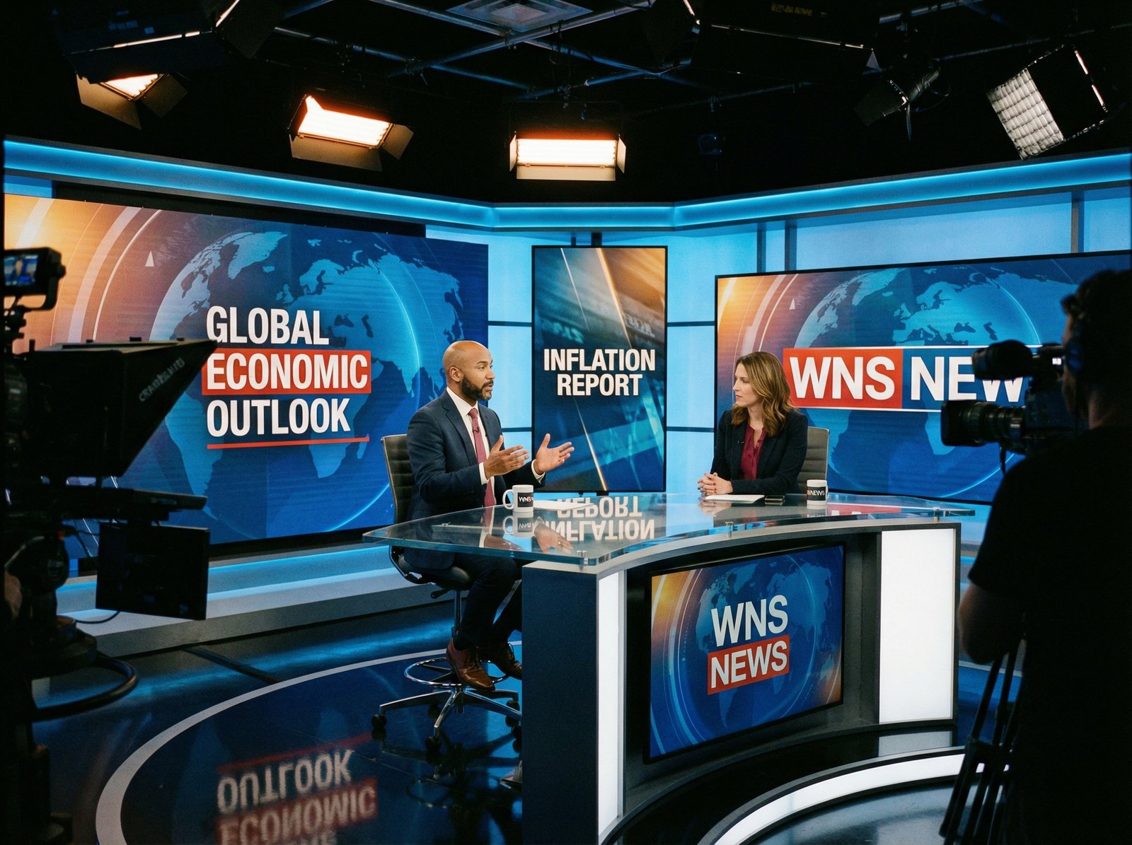 A professional economist being interviewed in a modern television studio with news graphics in the background, cinematic lighting, realistic style, 4:3