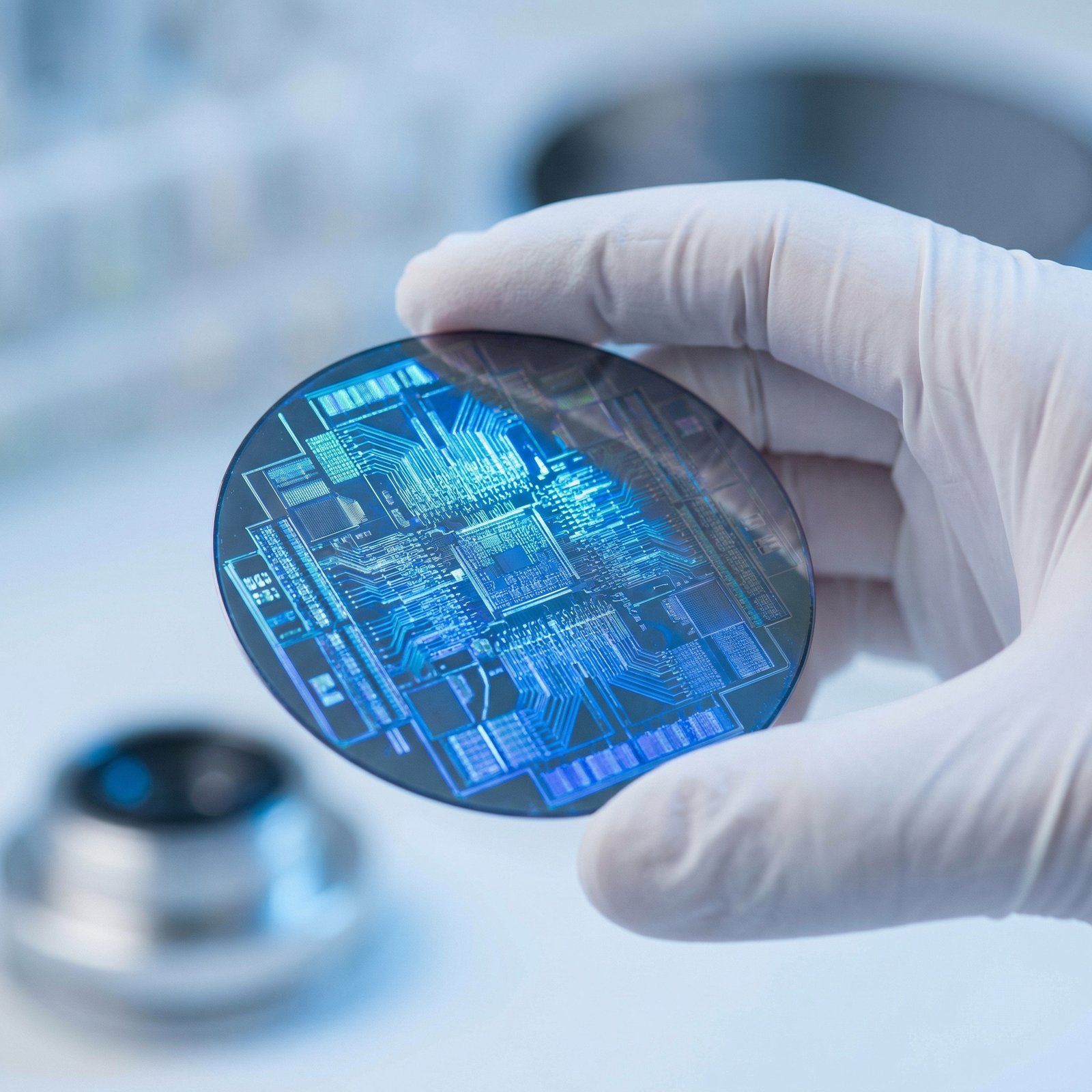 Close-up shot of a high-tech semiconductor chip held by a gloved hand in a cleanroom environment, glowing blue circuitry details, realistic macro photography, 1:1 aspect ratio, no visible text