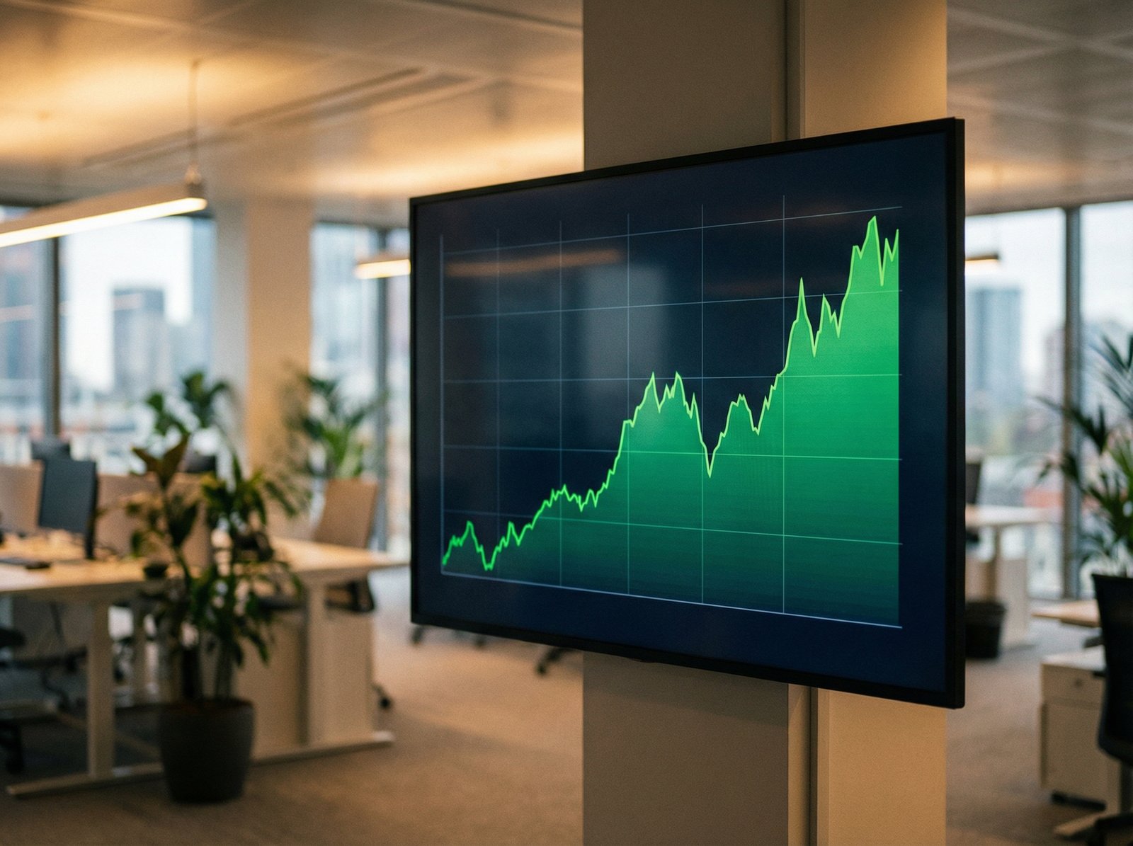 A professional digital screen displaying a rising green stock market graph with a modern office background, soft bokeh effect, financial success theme, 4:3 aspect ratio, no visible text