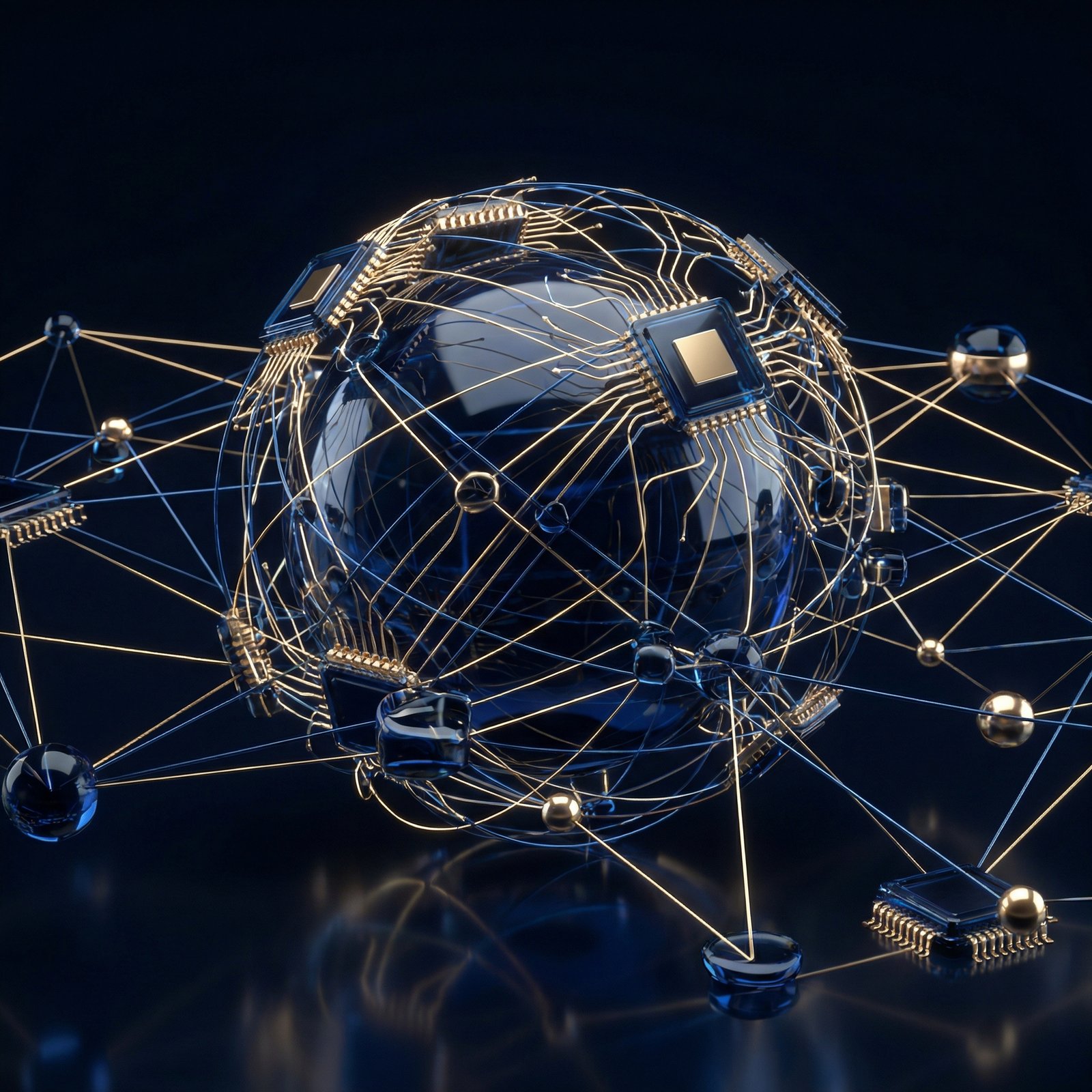 Futuristic technology concept showing interconnected light lines representing global data and chips, dark blue and gold color scheme, elegant and sophisticated, 1:1 aspect ratio, no visible text