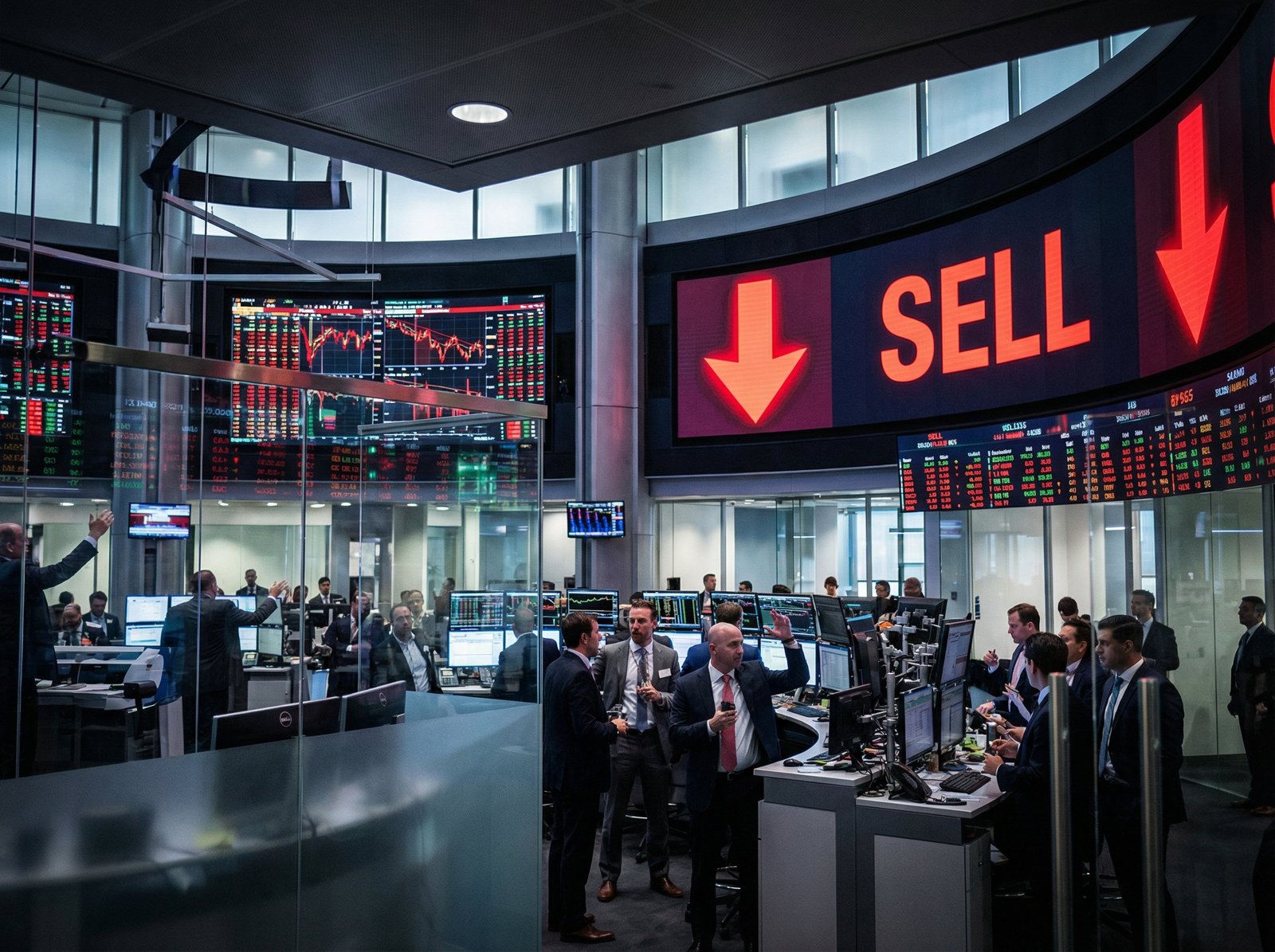 A busy modern stock market trading floor with large digital screens displaying financial data. Several screens show red downward arrows and the word SELL in a professional financial environment. High contrast, modern layout, 4:3 aspect ratio, no text.