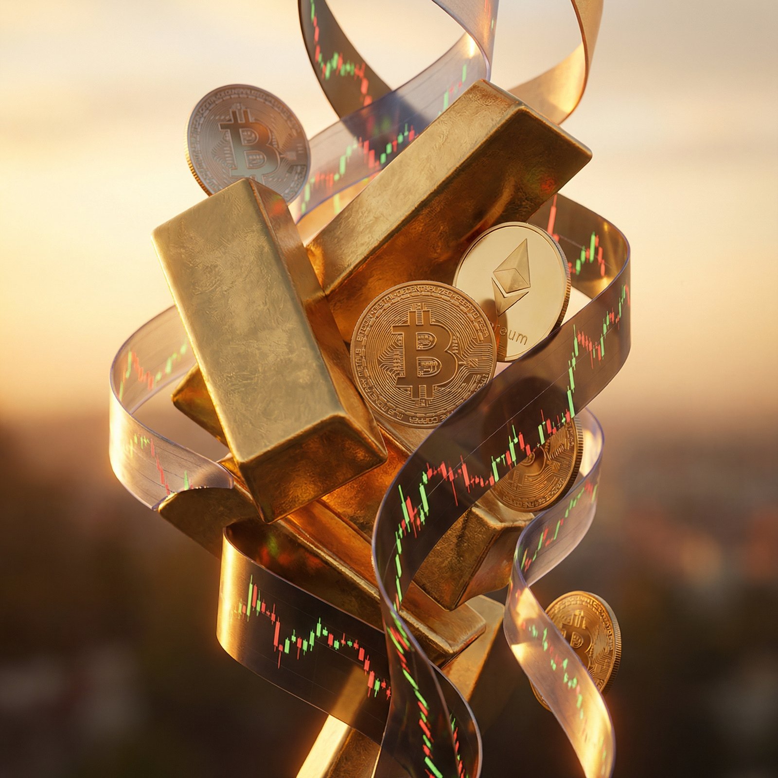 An artistic representation of gold bars, digital cryptocurrency coins, and stock market charts intertwined. Warm lighting, professional photography style, centered focus, 1:1 aspect ratio, no text.