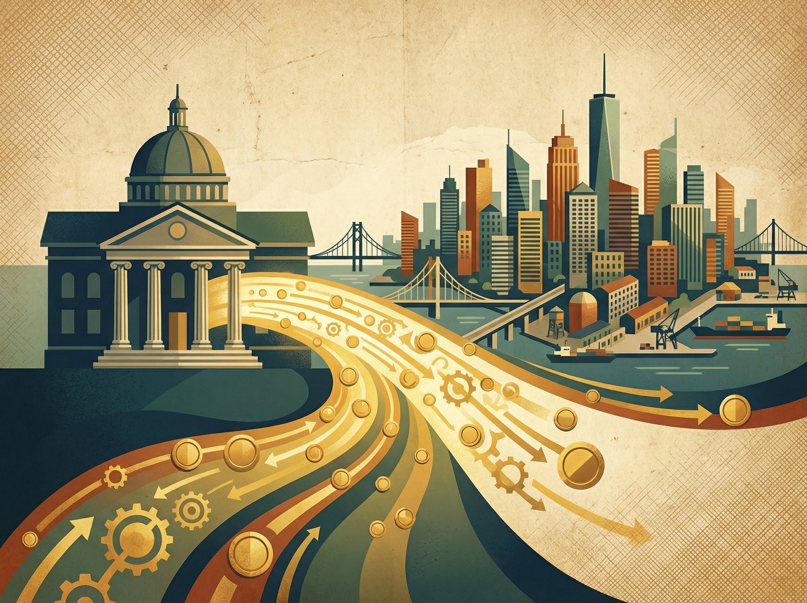 A conceptual illustration of a central bank building with golden light flowing out towards a city skyline representing the economy. Modern flat design with a textured background, 4:3 aspect ratio, no text.