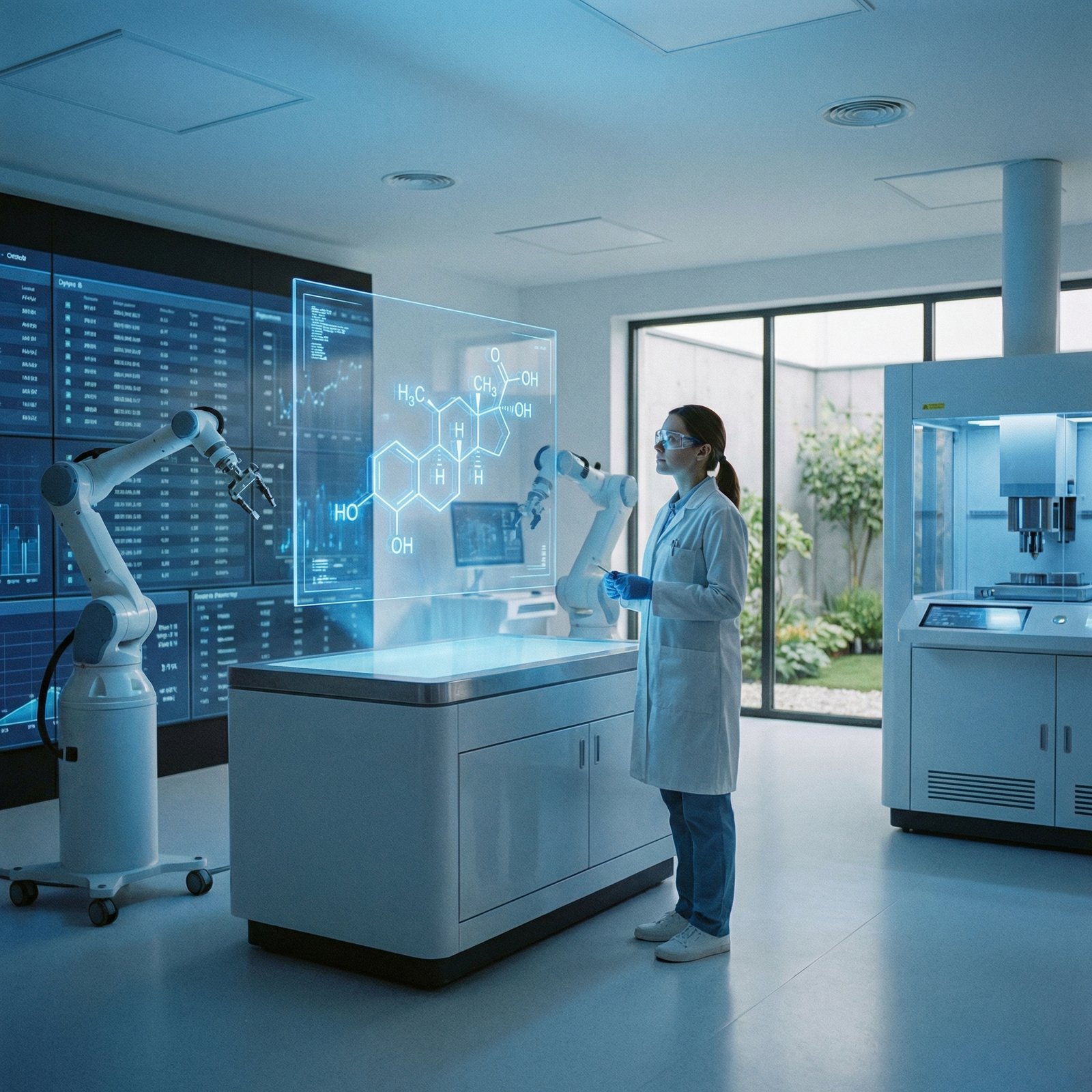 A modern pharmaceutical laboratory, scientist looking at a glowing molecular structure on a screen, high-tech equipment, clean and bright atmosphere, realistic style, soft blue lighting, 1:1